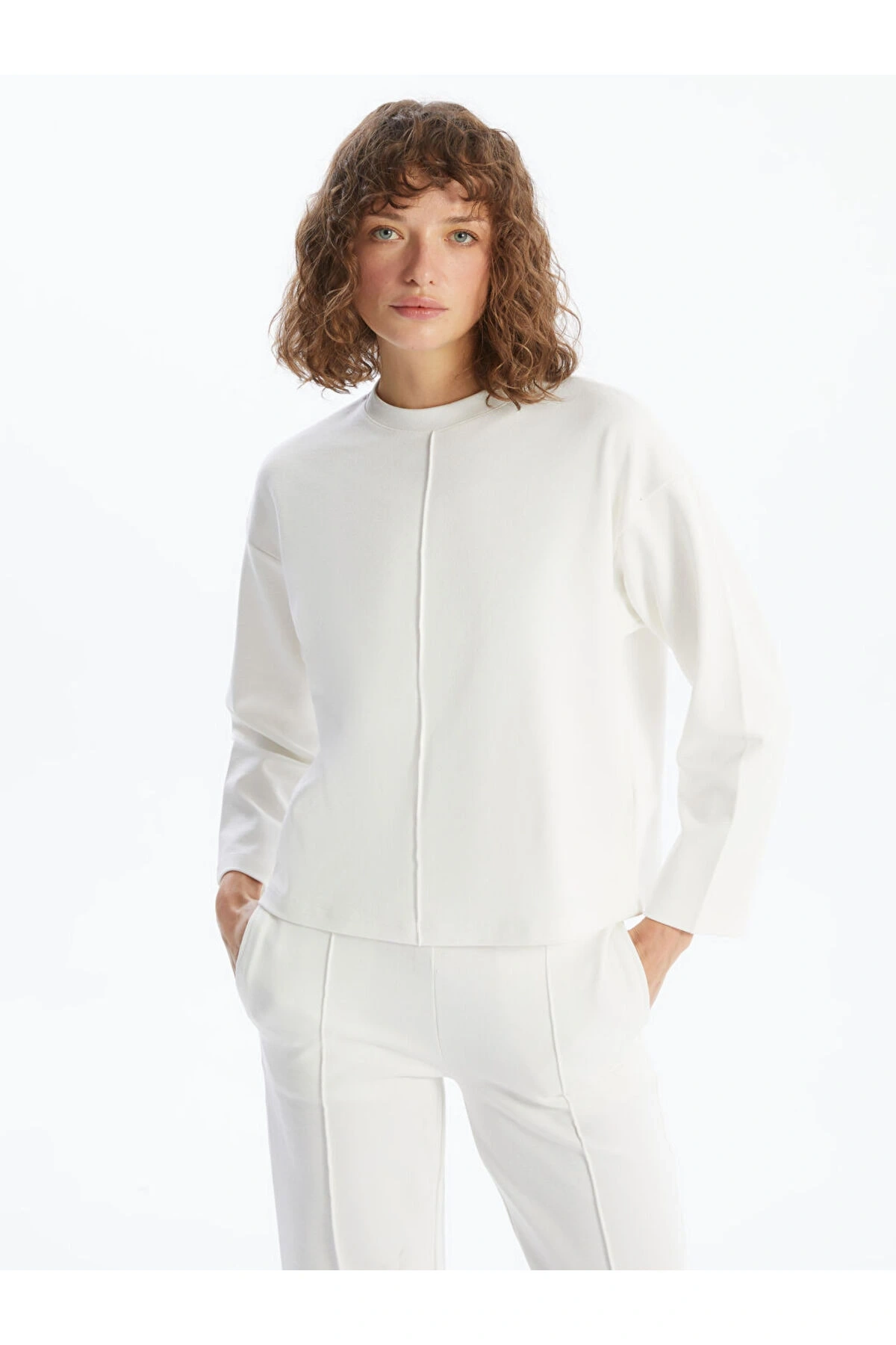 LCW Vision Ekru Bisiklet Yaka Düz Oversize Kadın Sweatshirt