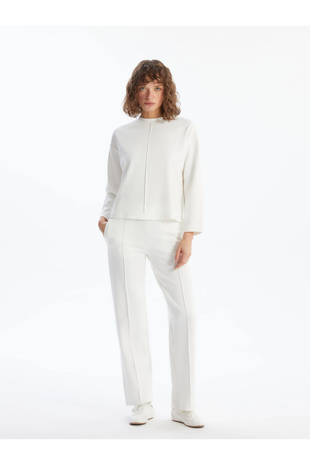 LCW Vision Ekru Bisiklet Yaka Düz Oversize Kadın Sweatshirt