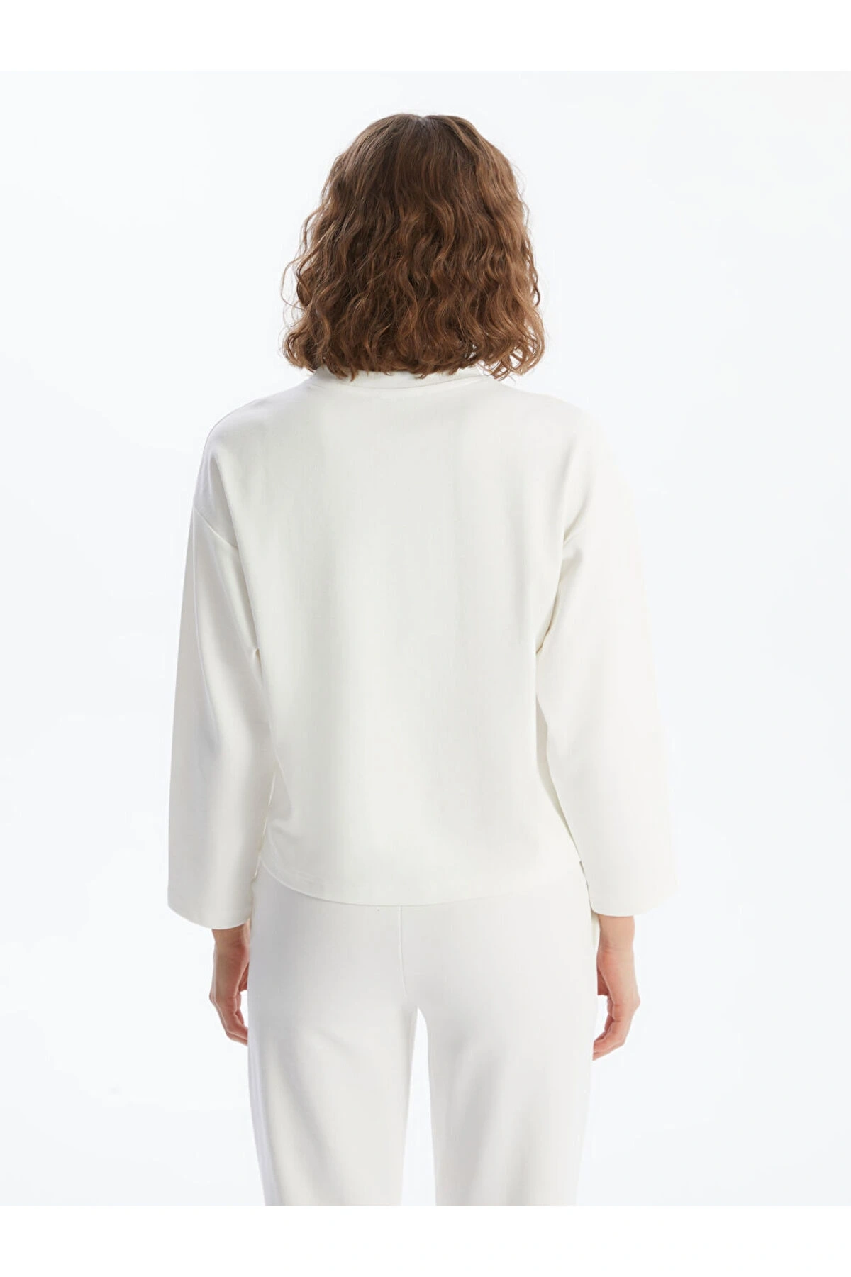 LCW Vision Ekru Bisiklet Yaka Düz Oversize Kadın Sweatshirt