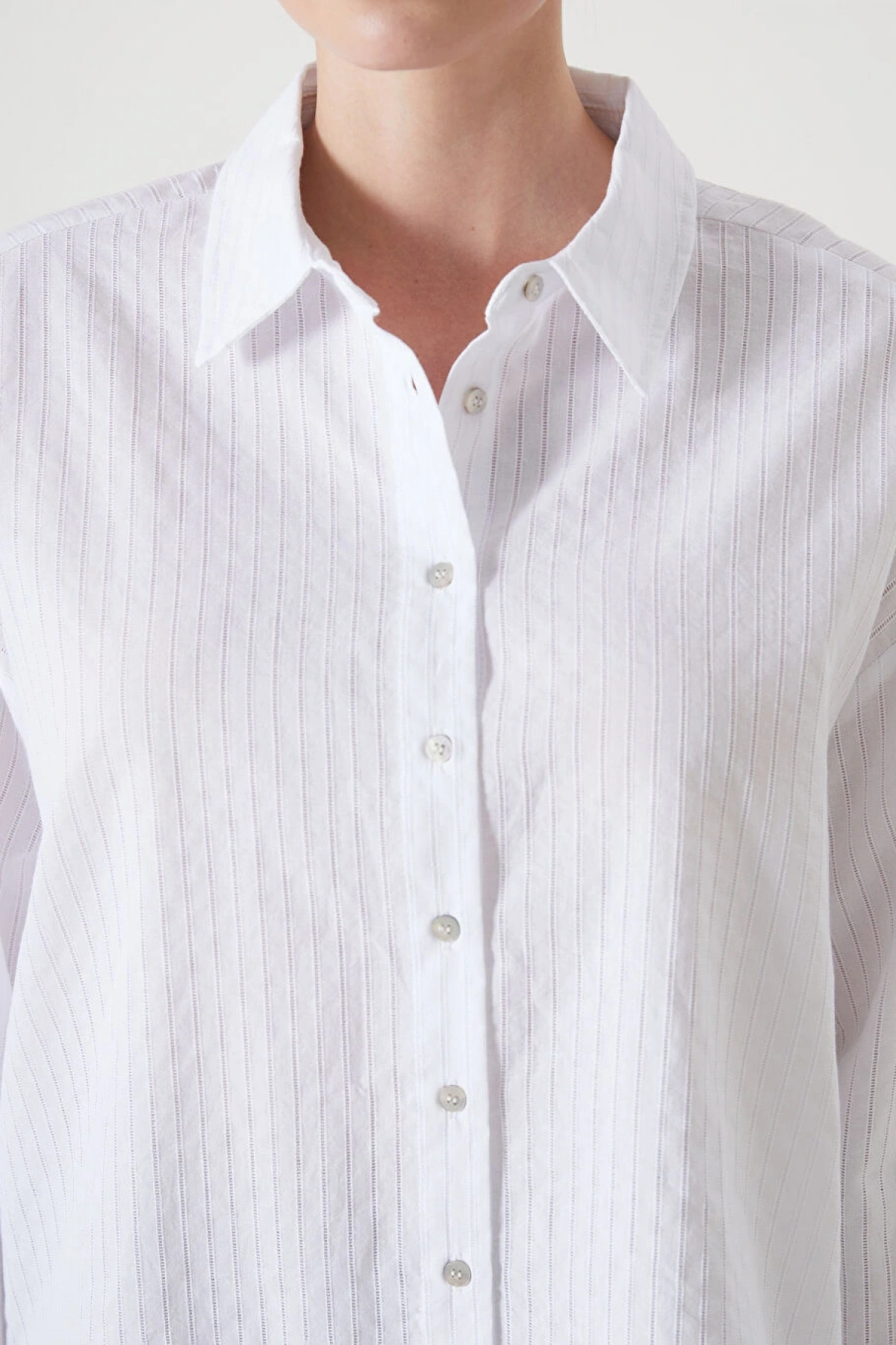 LCW Vision Ekru Çizgili Oversize Kadın Gömlek