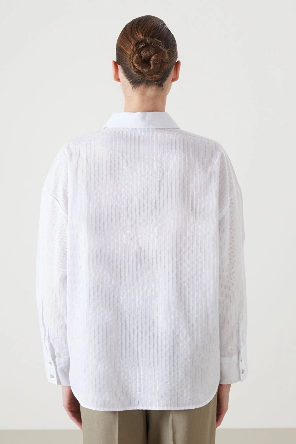 LCW Vision Ekru Çizgili Oversize Kadın Gömlek