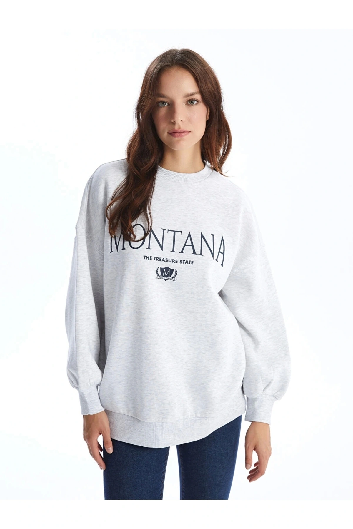 LCW Vision Gri Bisiklet Yaka Baskılı Oversize Kadın Kalın Sweatshirt