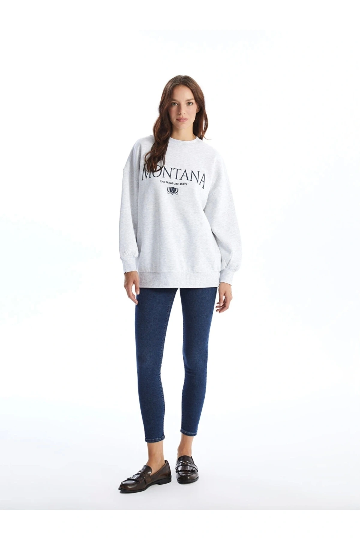 LCW Vision Gri Bisiklet Yaka Baskılı Oversize Kadın Kalın Sweatshirt