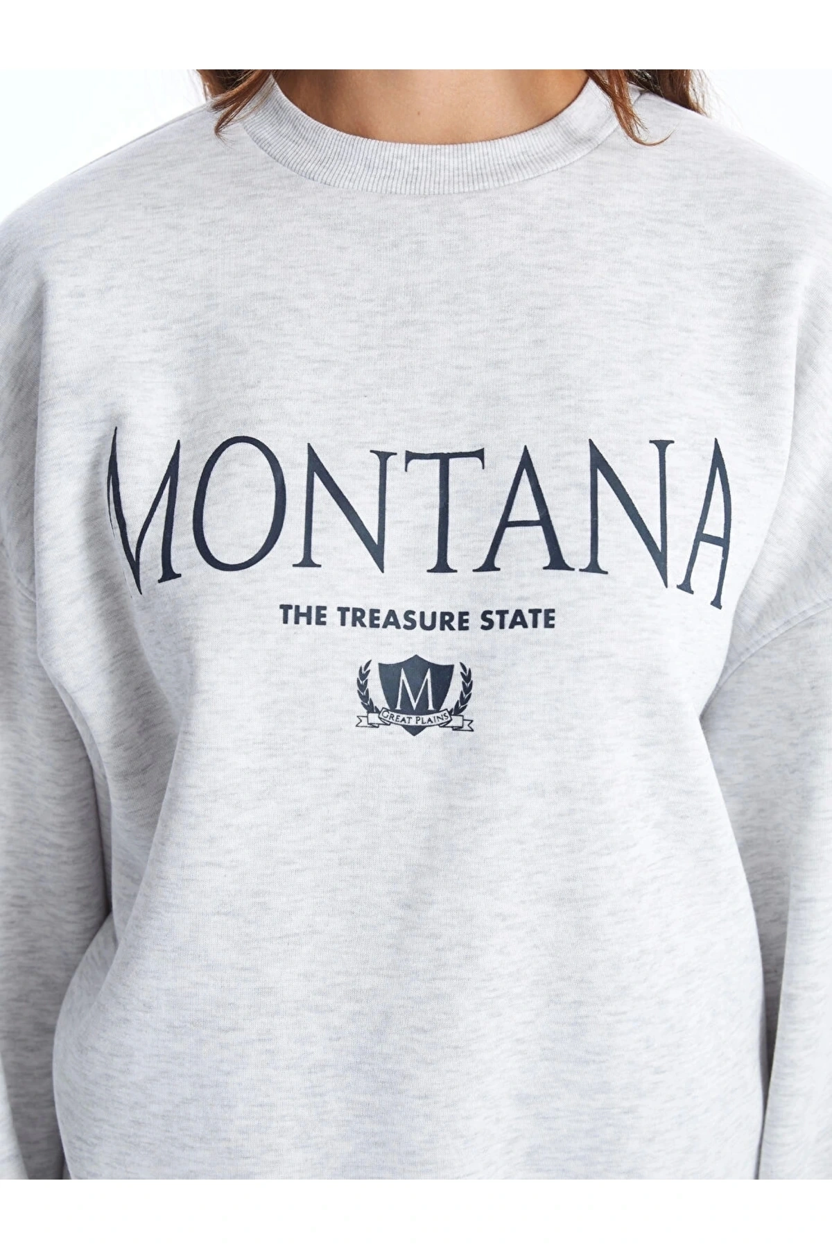 LCW Vision Gri Bisiklet Yaka Baskılı Oversize Kadın Kalın Sweatshirt
