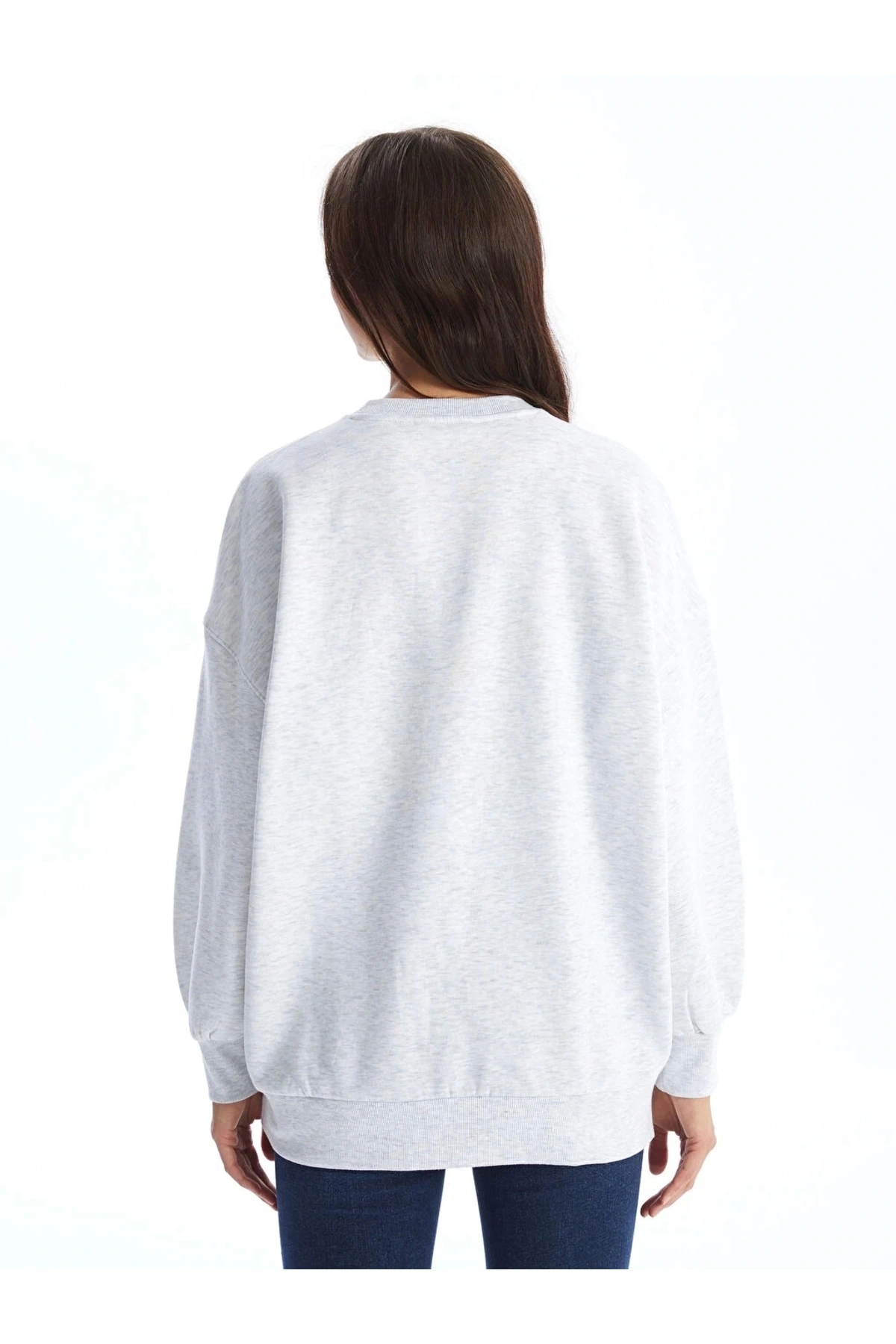 LCW Vision Gri Bisiklet Yaka Baskılı Oversize Kadın Kalın Sweatshirt