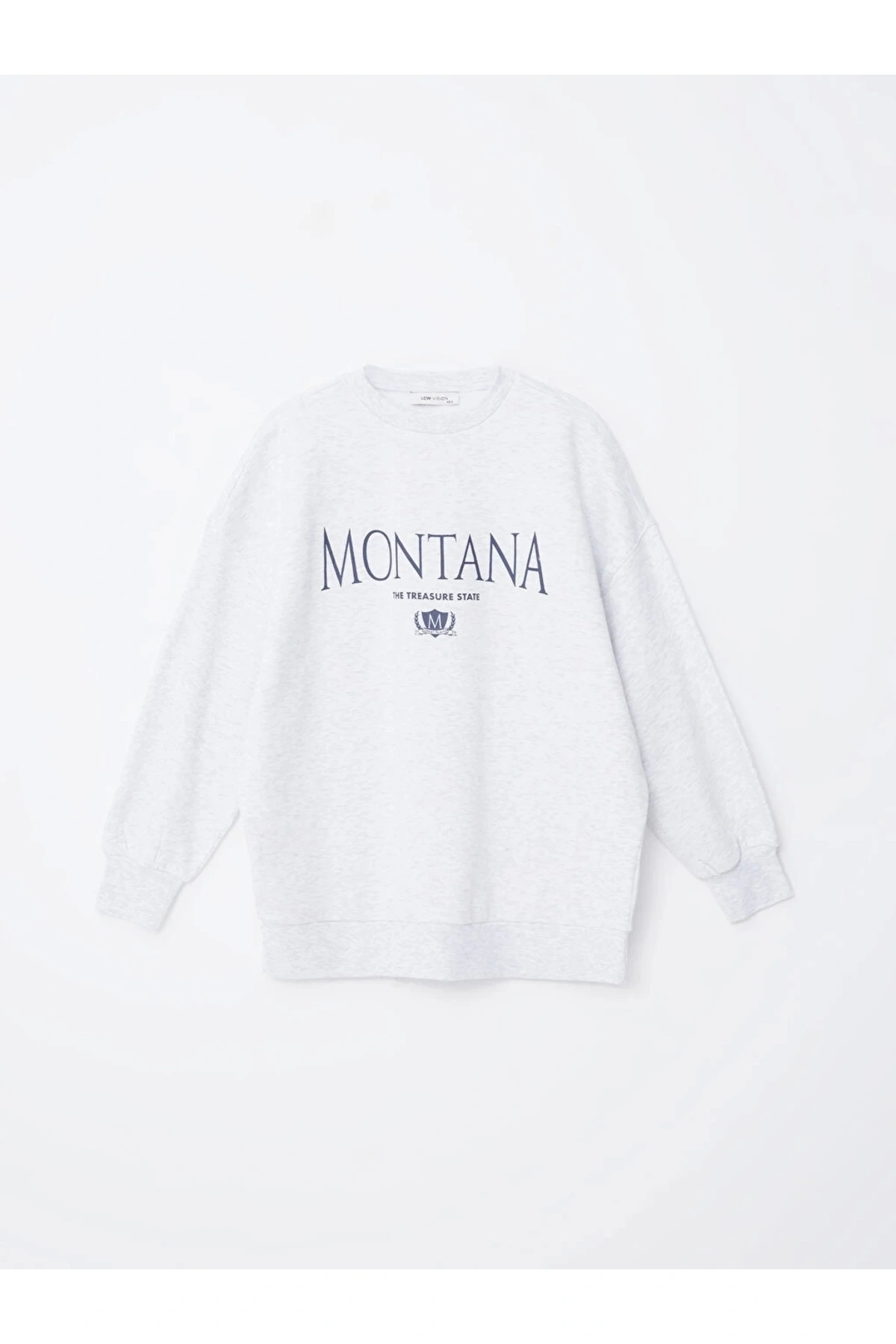 LCW Vision Gri Bisiklet Yaka Baskılı Oversize Kadın Kalın Sweatshirt