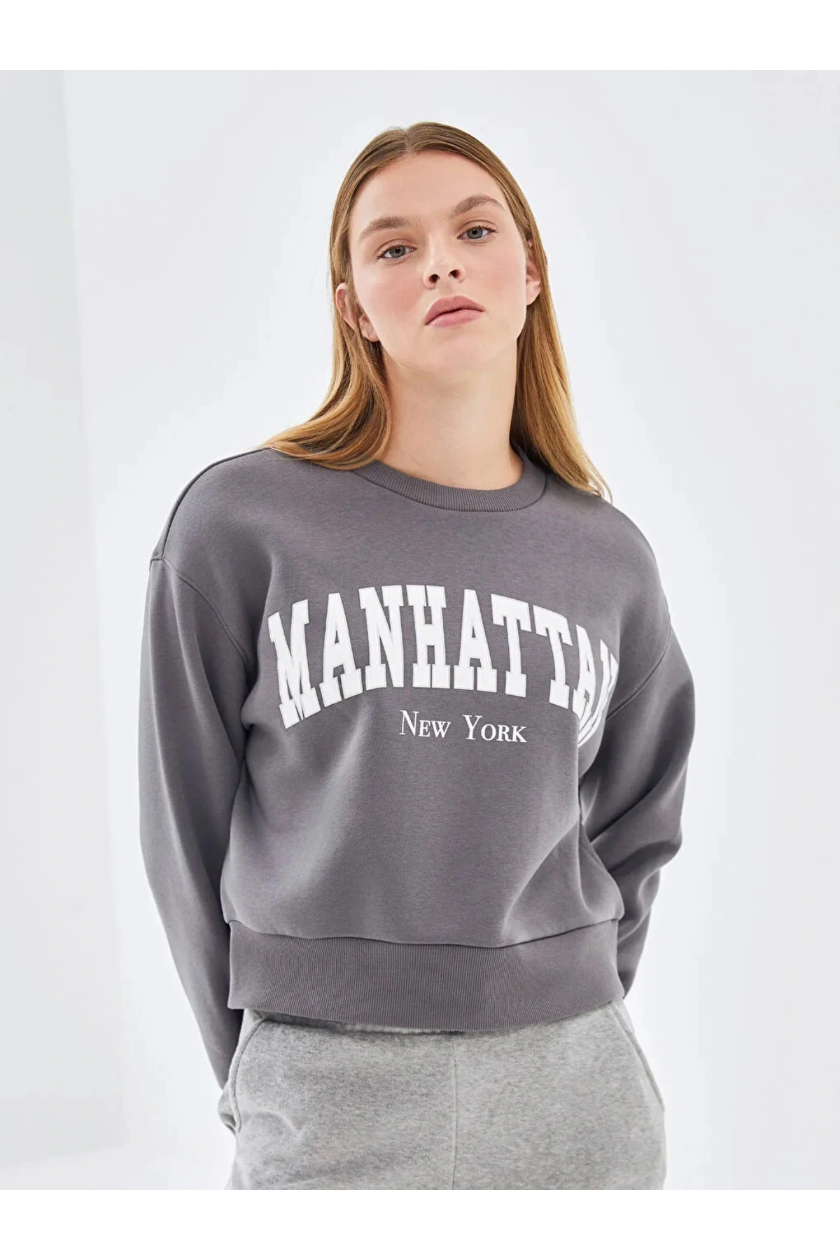 LCW Vision Gri Bisiklet Yaka Baskılı Oversize Kadın Kalın Sweatshirt İMREX GLOBAL