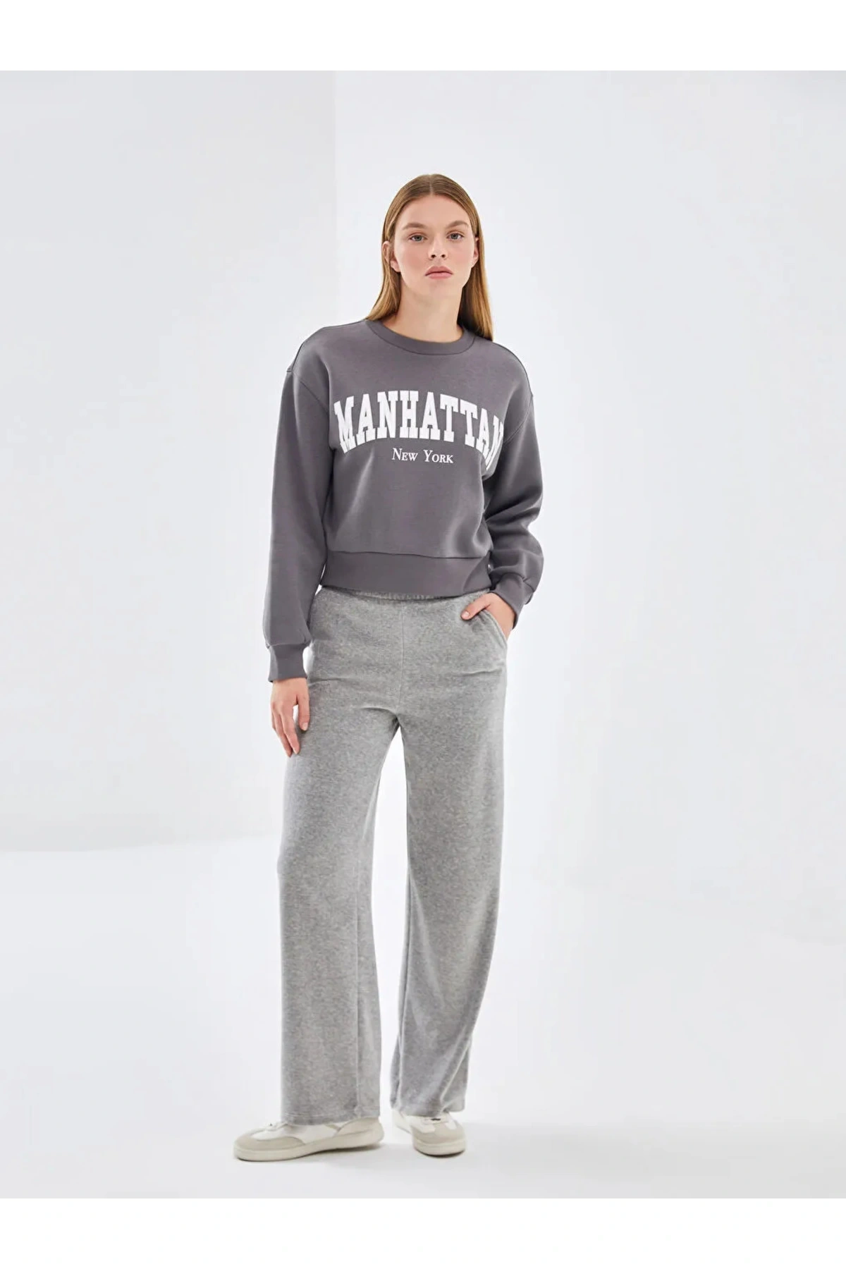 LCW Vision Gri Bisiklet Yaka Baskılı Oversize Kadın Kalın Sweatshirt İMREX GLOBAL