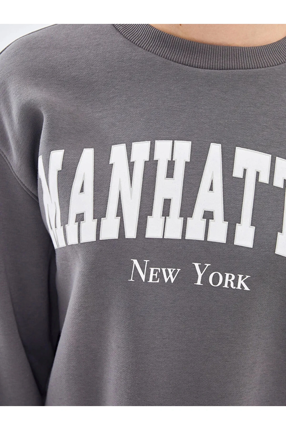 LCW Vision Gri Bisiklet Yaka Baskılı Oversize Kadın Kalın Sweatshirt İMREX GLOBAL