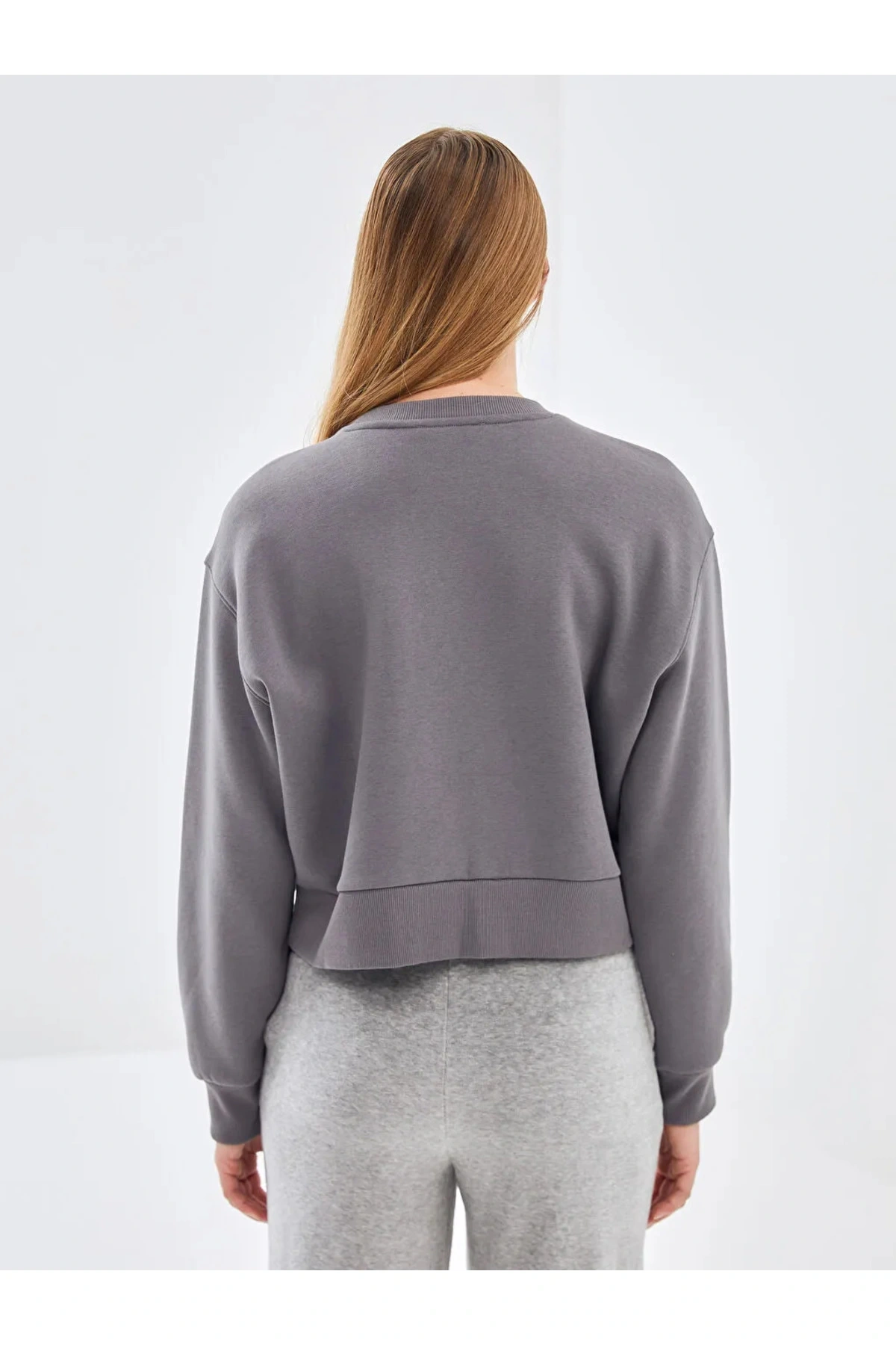 LCW Vision Gri Bisiklet Yaka Baskılı Oversize Kadın Kalın Sweatshirt İMREX GLOBAL