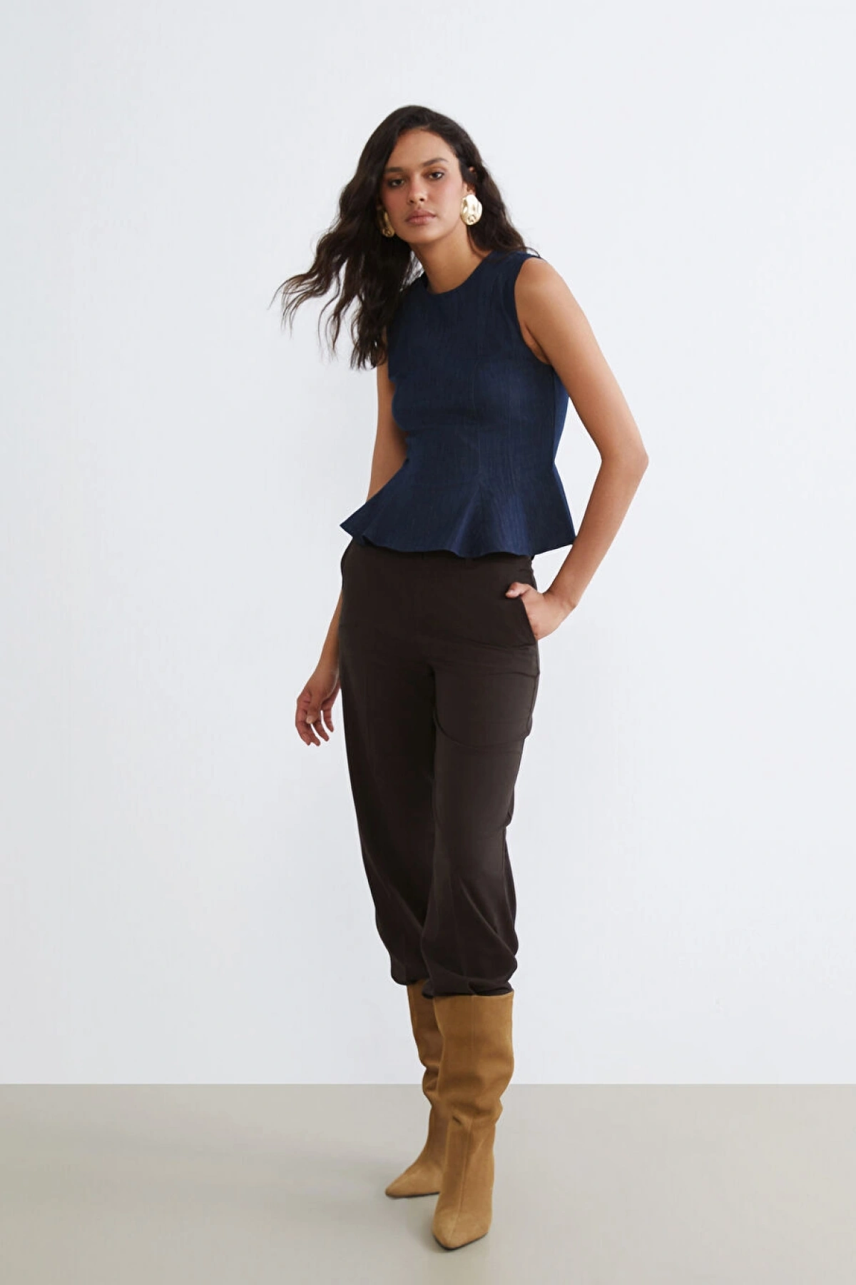 LCW Vision Indigo Bisiklet Yaka Peplum Jean Bluz