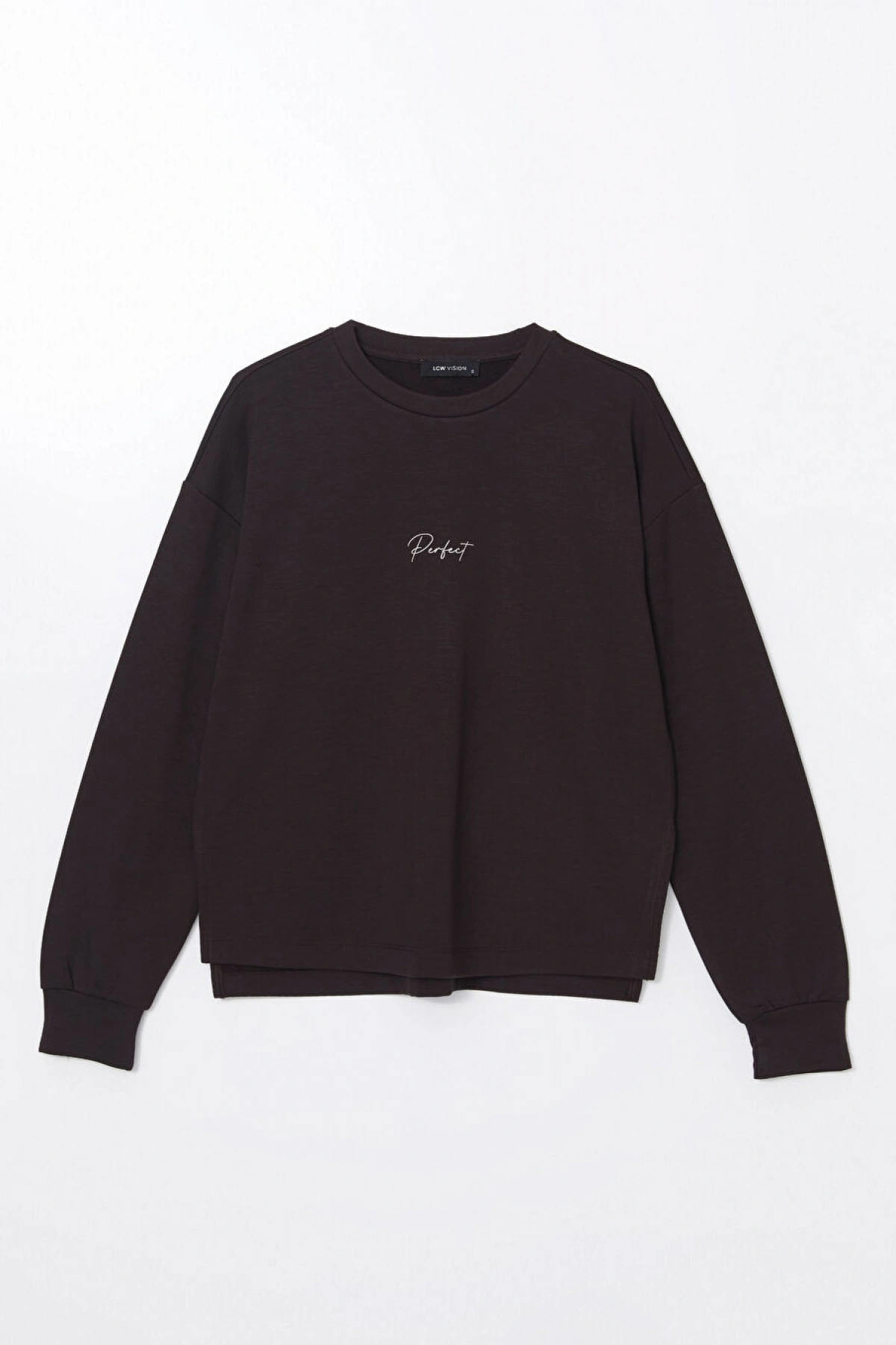 LCW Vision Kahverengi Bisiklet Yaka Nakışlı Oversize Kadın Sweatshirt