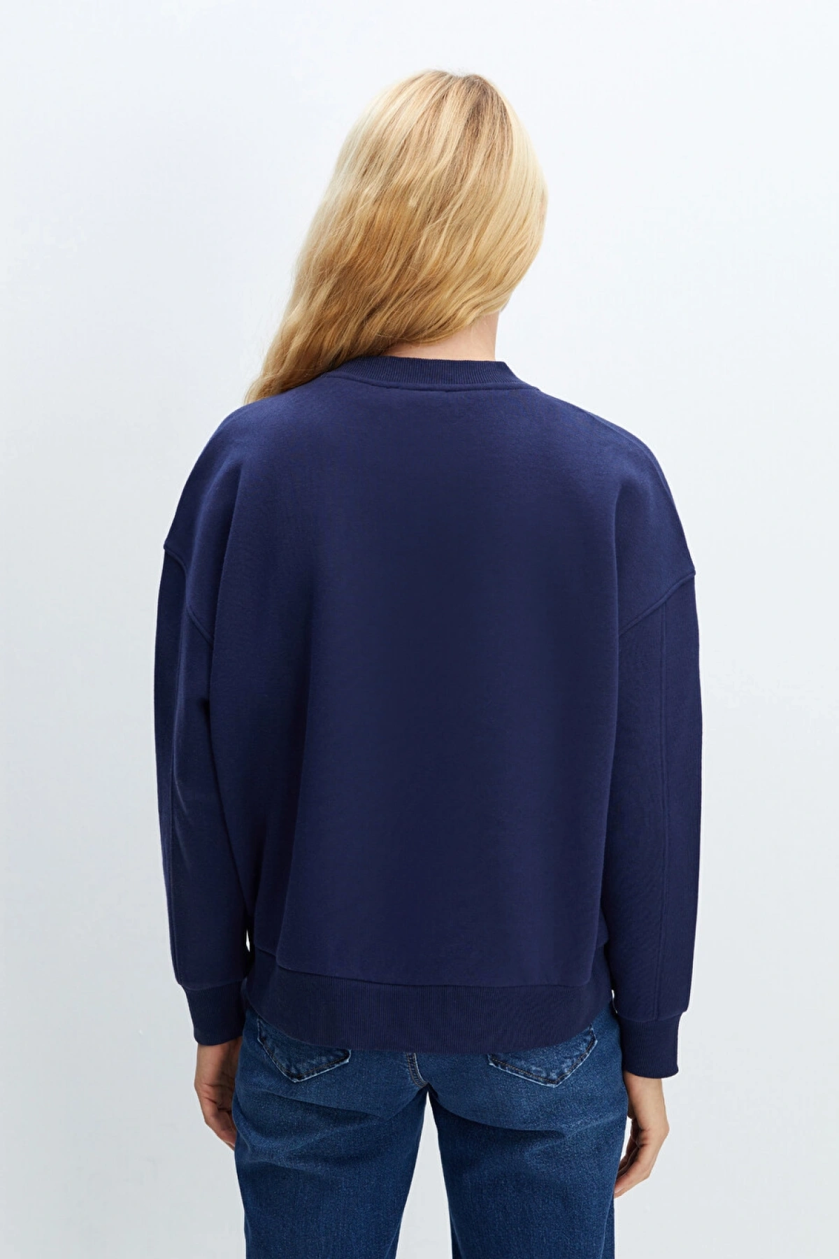 LCW Vision Lacivert Bisiklet Yaka Baskılı Oversize Kadın Kalın Sweatshirt