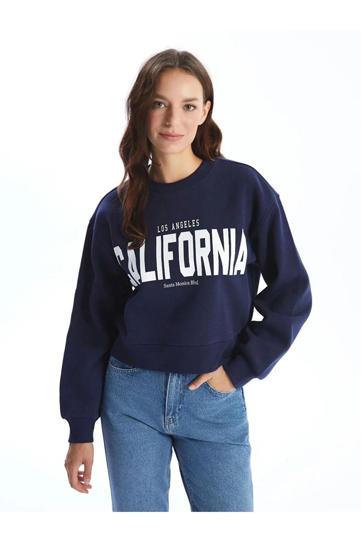 LCW Vision Lacivert Bisiklet Yaka Baskılı Oversize Kadın Sweatshirt