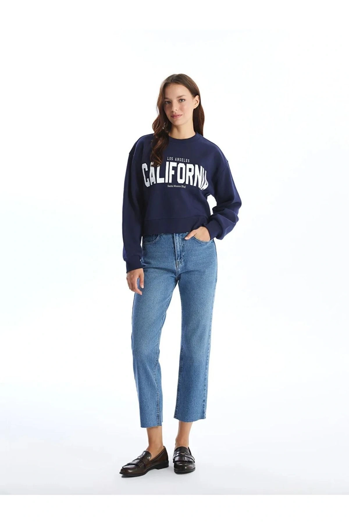 LCW Vision Lacivert Bisiklet Yaka Baskılı Oversize Kadın Sweatshirt