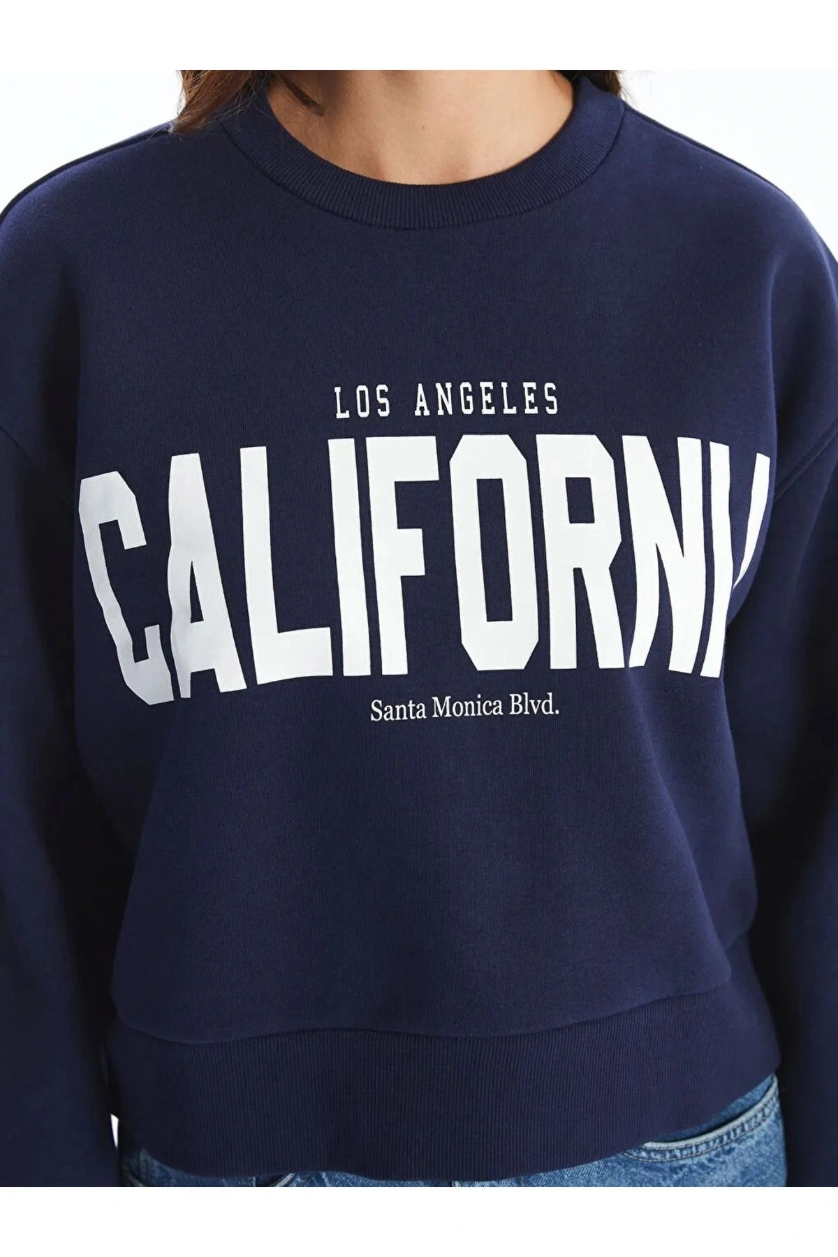 LCW Vision Lacivert Bisiklet Yaka Baskılı Oversize Kadın Sweatshirt