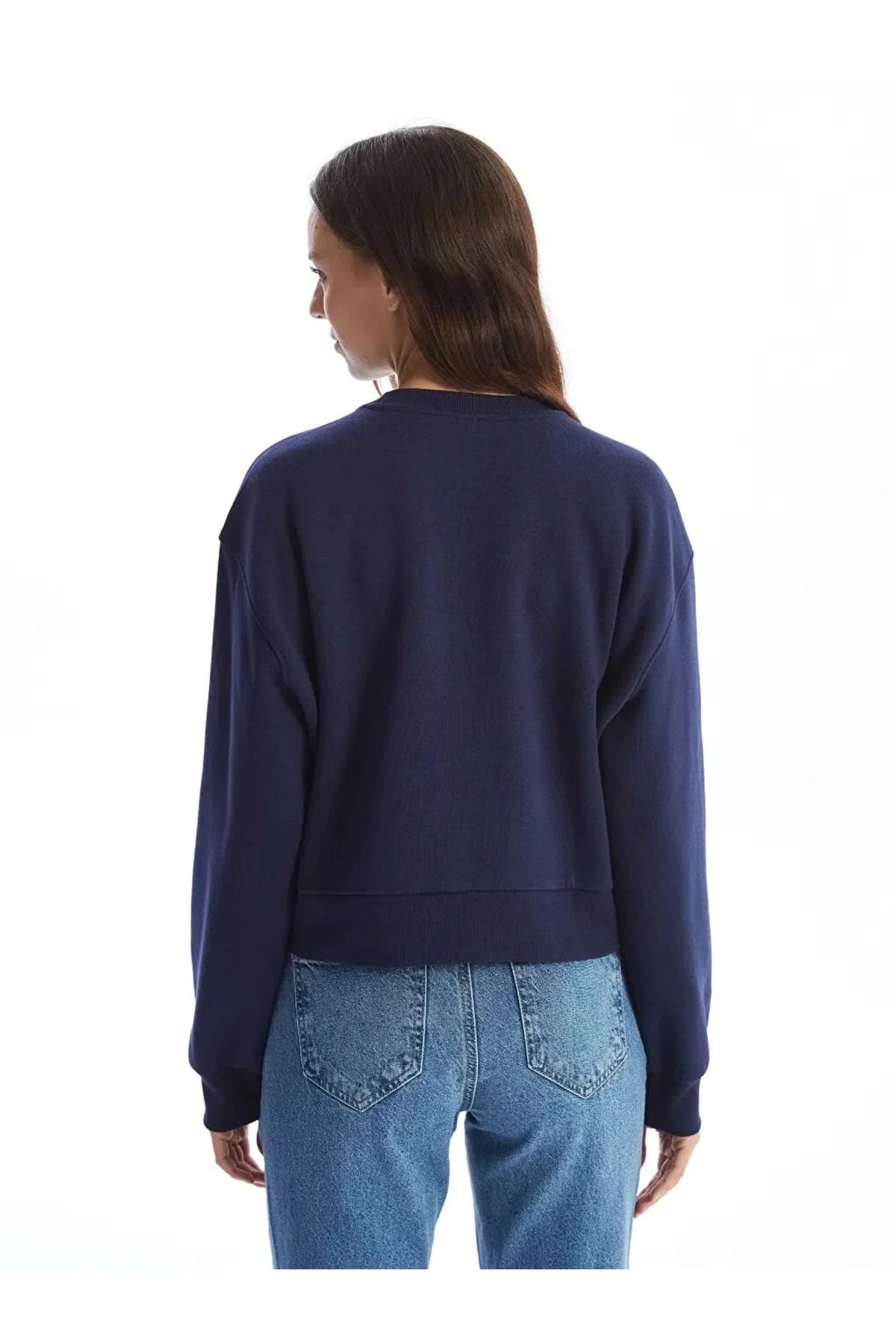 LCW Vision Lacivert Bisiklet Yaka Baskılı Oversize Kadın Sweatshirt