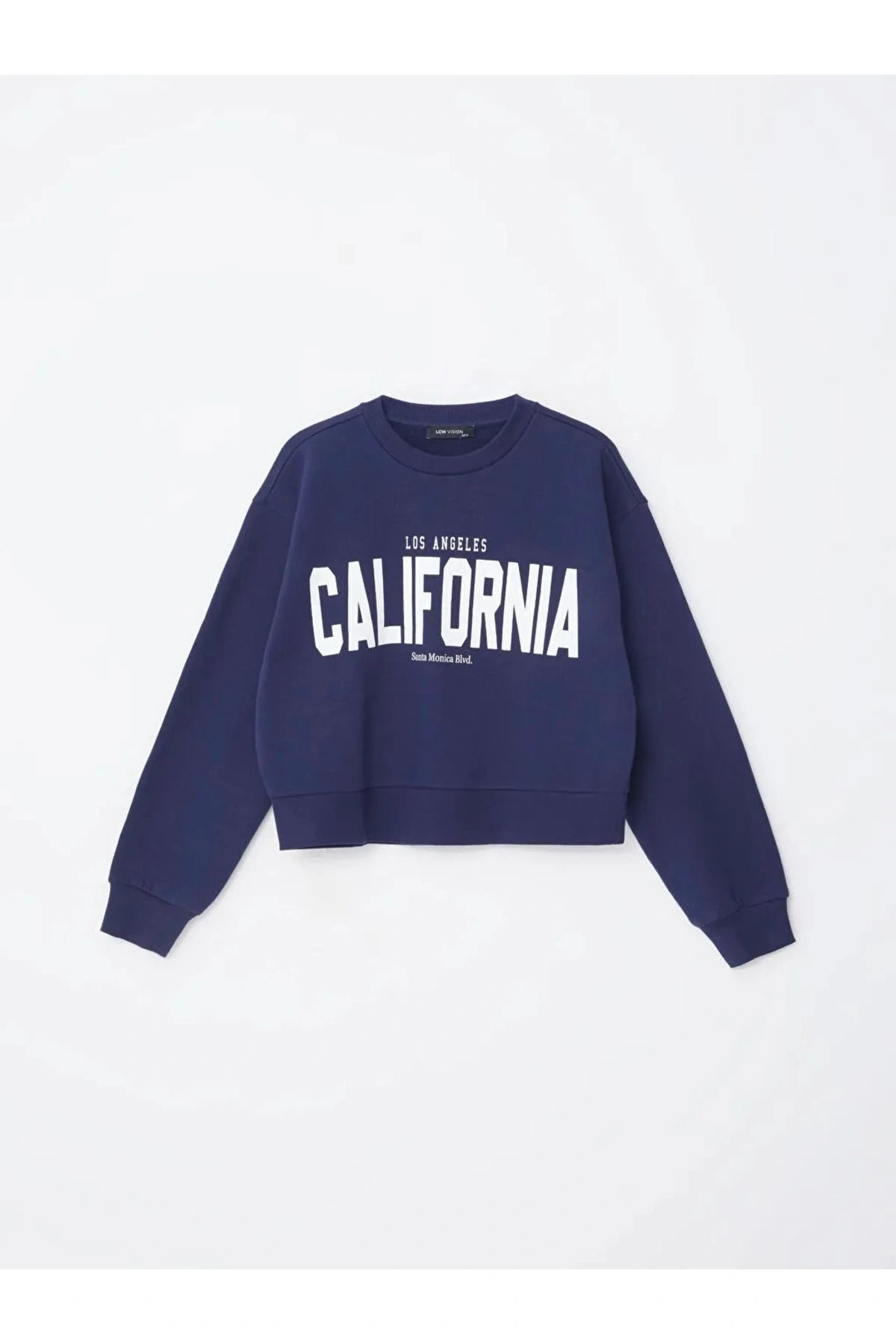 LCW Vision Lacivert Bisiklet Yaka Baskılı Oversize Kadın Sweatshirt