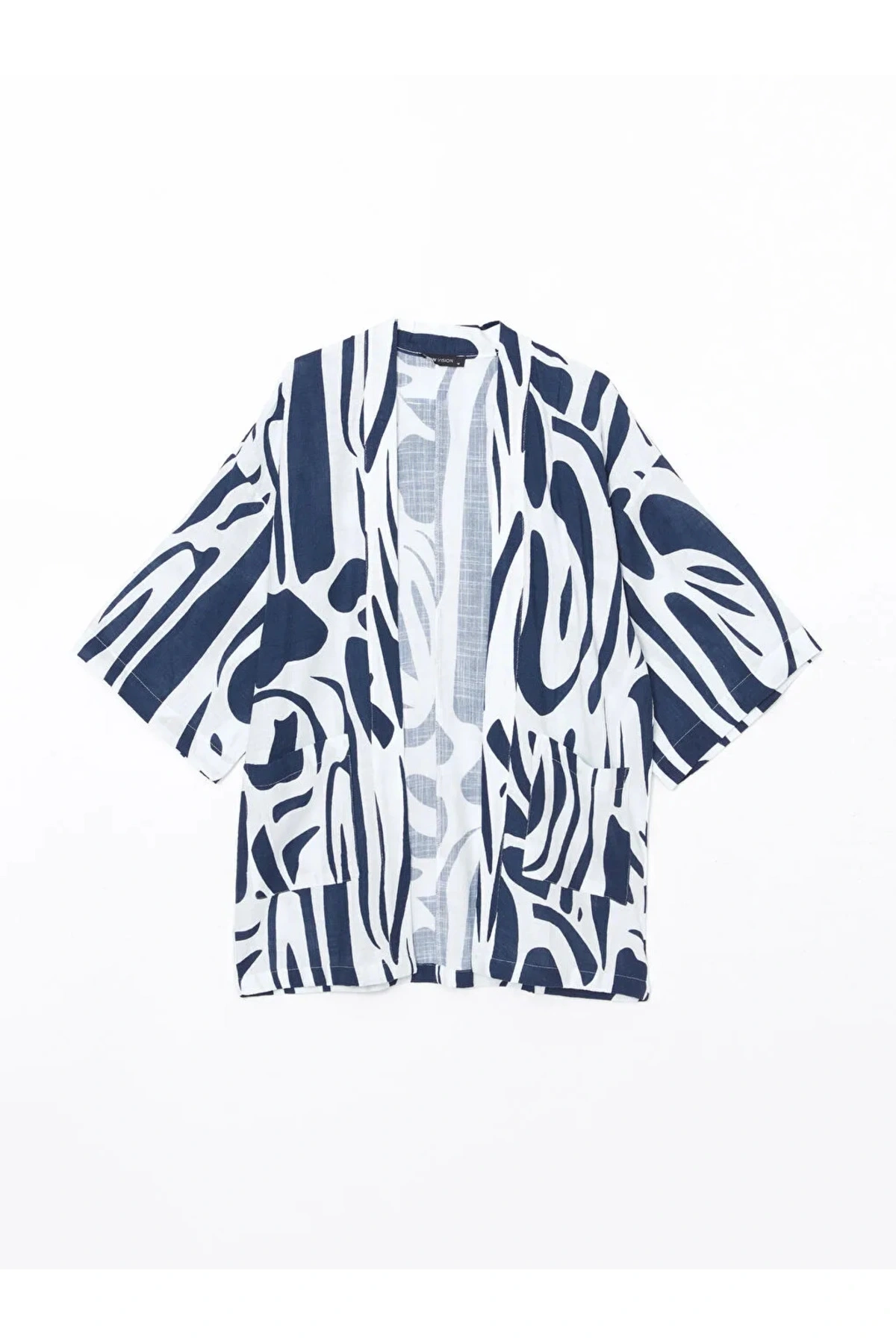 LCW Vision Lacivert Şal Yaka Desenli Keten Görünümlü Kadın Kimono