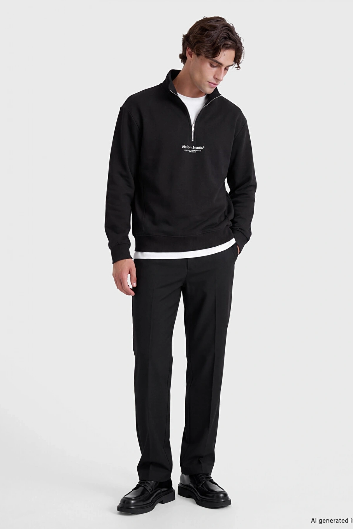 LCW Vision Siyah Dik Yaka Baskılı Erkek Kalın Sweatshirt