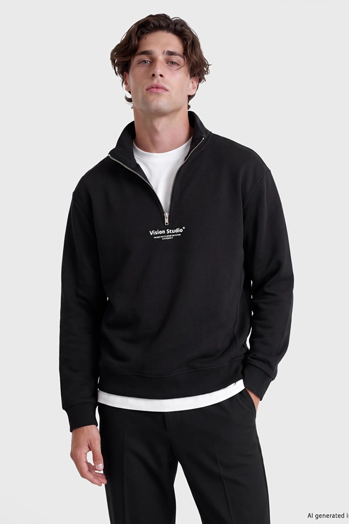 LCW Vision Siyah Dik Yaka Baskılı Erkek Kalın Sweatshirt