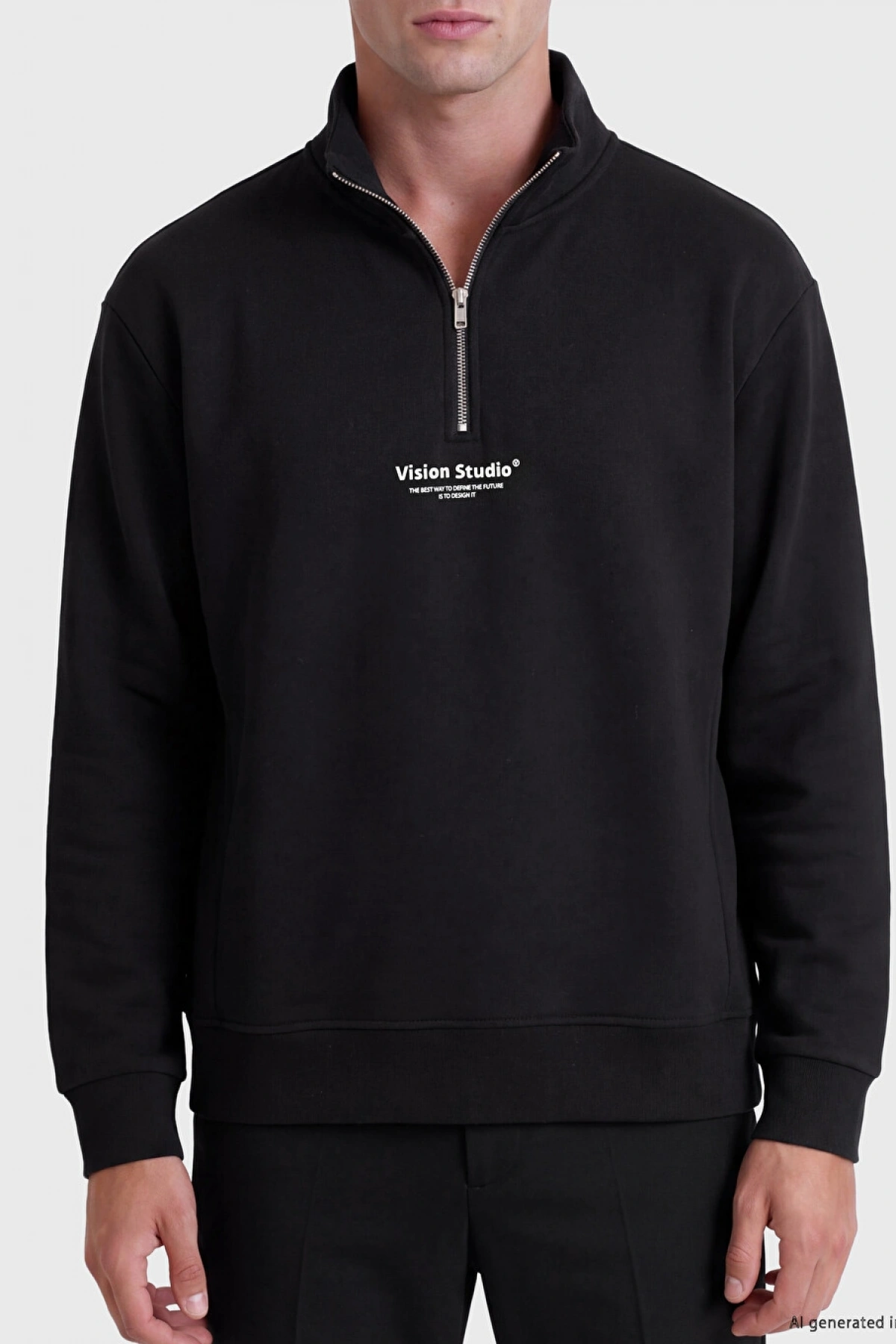 LCW Vision Siyah Dik Yaka Baskılı Erkek Kalın Sweatshirt