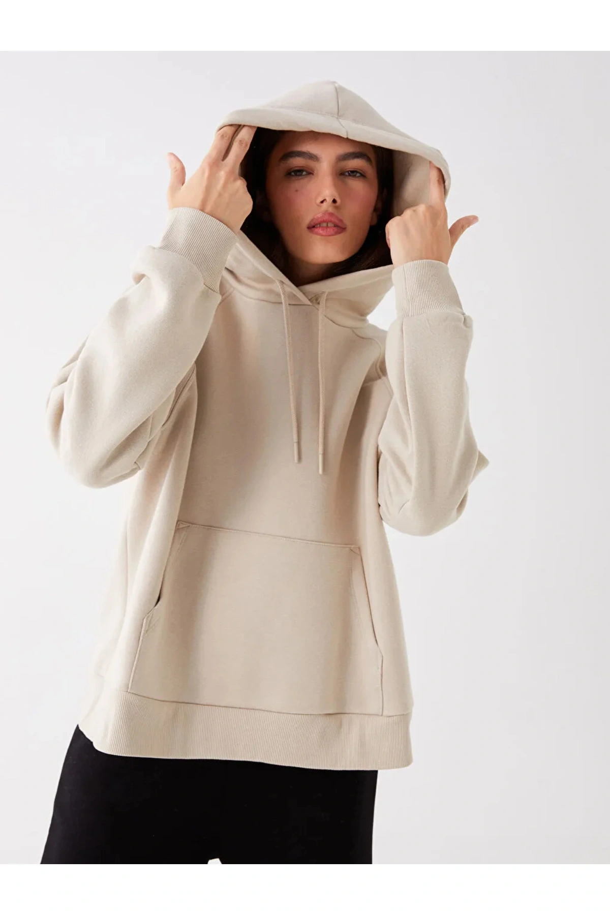 LCW Vision Bej Düz Oversize Kadın Hoodie