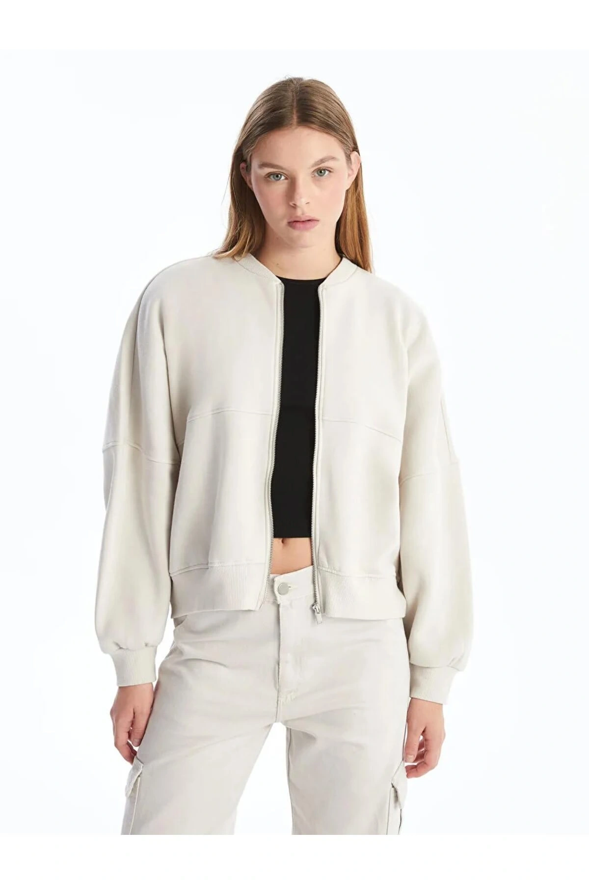 LCW VisionGri Kolej Yaka Oversize Kadın Kalın Fermuarlı Sweatshirt