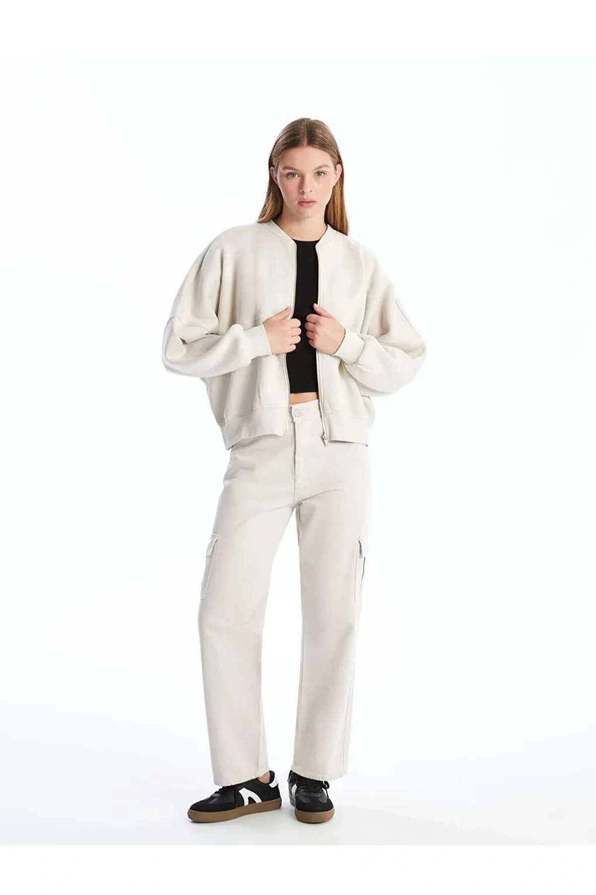 LCW VisionGri Kolej Yaka Oversize Kadın Kalın Fermuarlı Sweatshirt