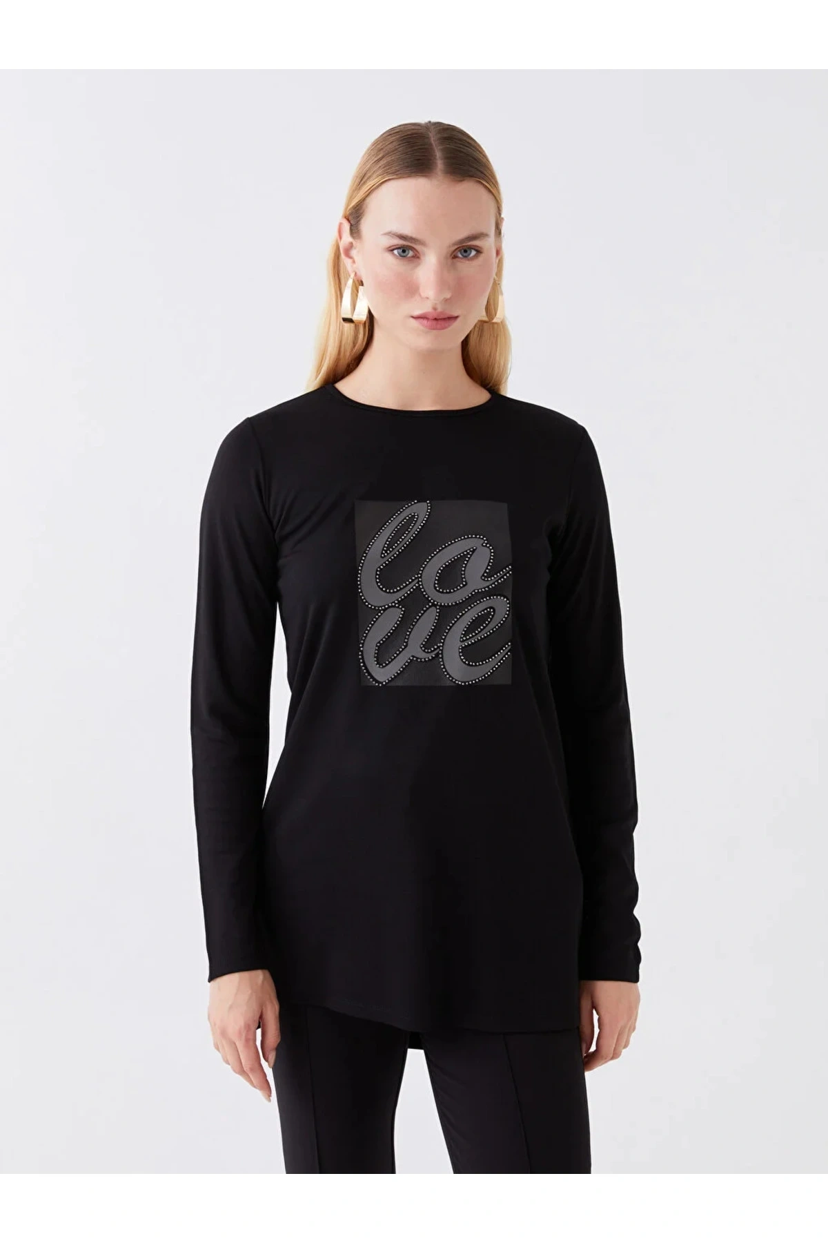 LCWAIKIKI Basic Bisiklet Yaka Baskılı Uzun Kollu Kadın Bluz