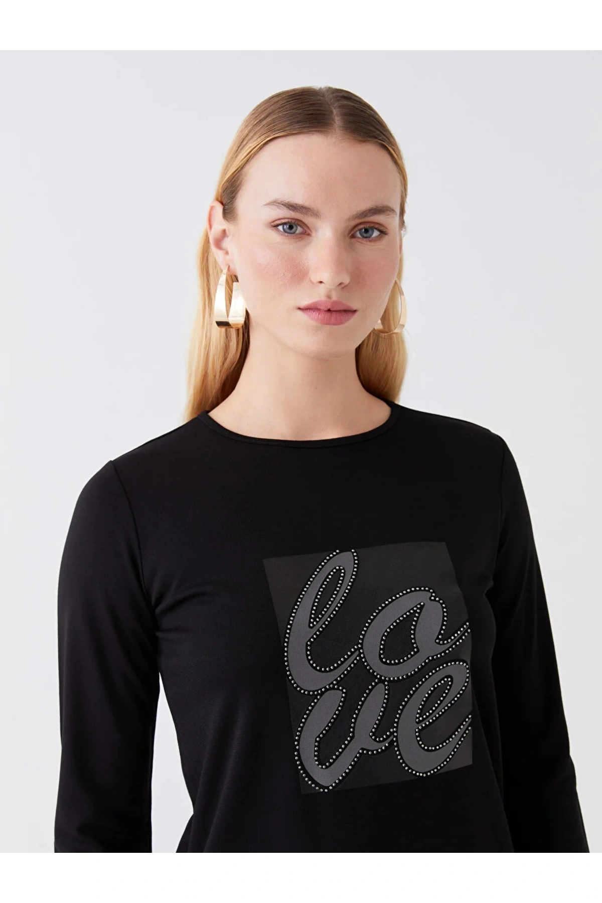 LCWAIKIKI Basic Bisiklet Yaka Baskılı Uzun Kollu Kadın Bluz