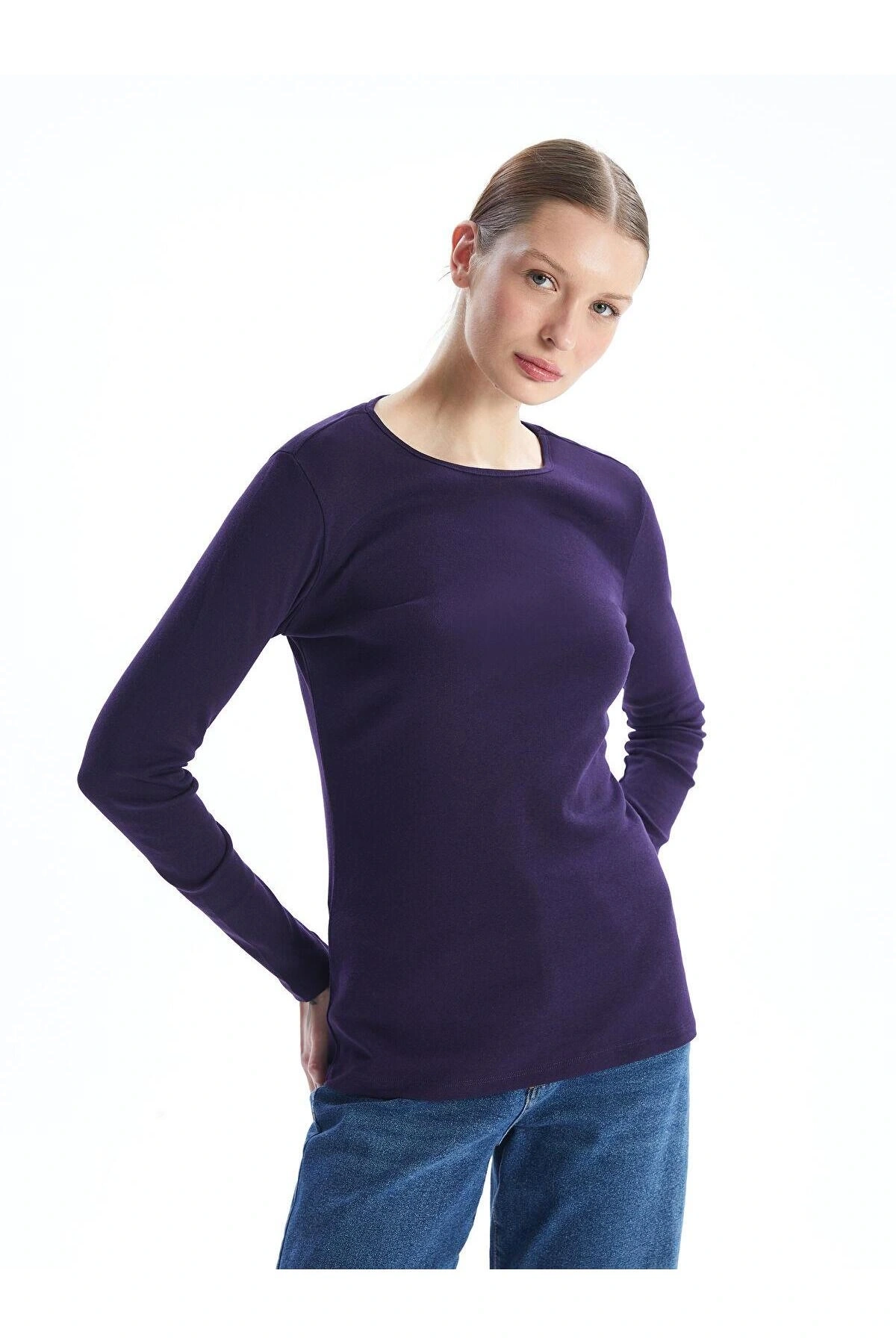 LCWAIKIKI Basic Bisiklet Yaka Düz Uzun Kollu Kadın Body