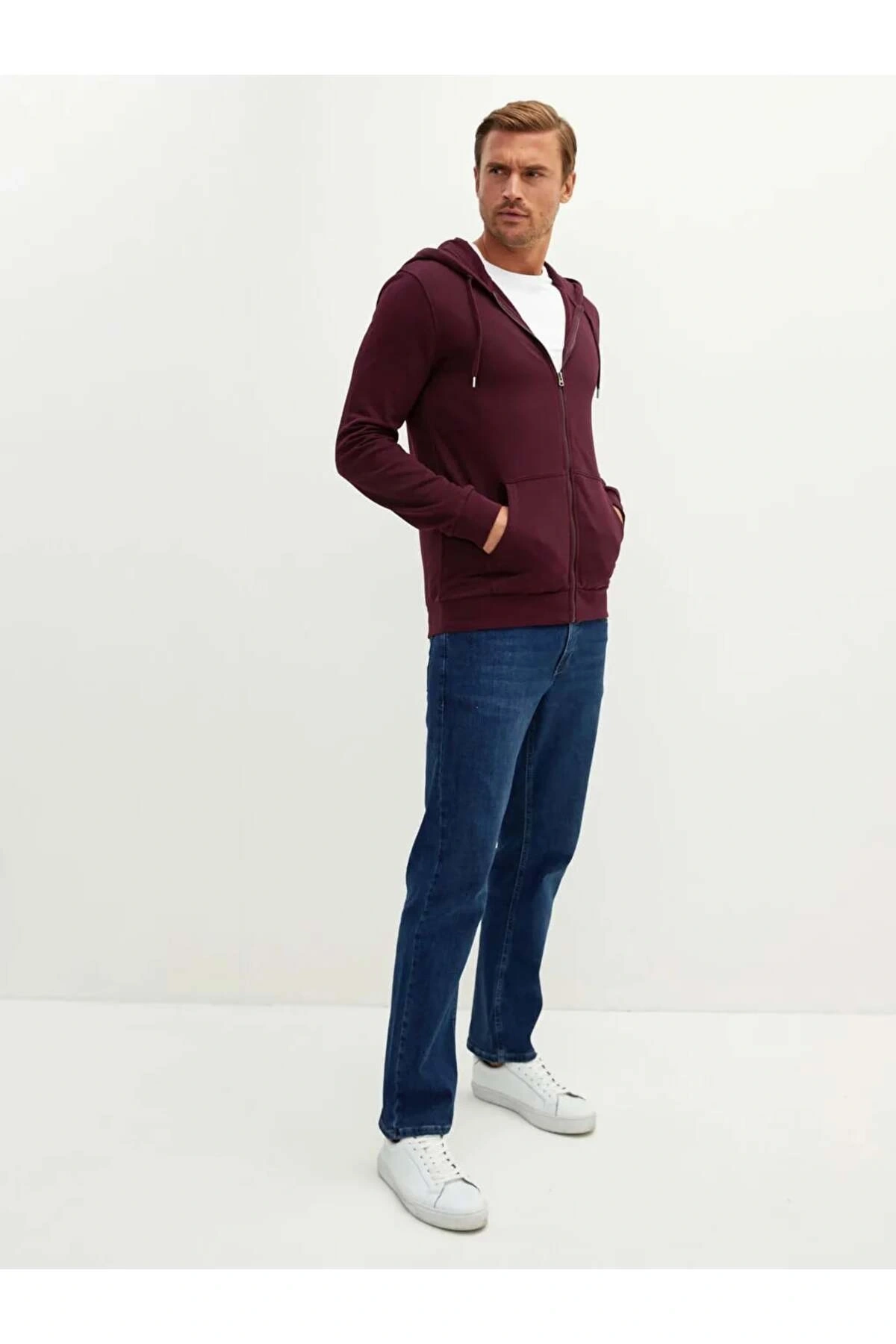 LCWAIKIKI Basic Bordo Kapüşonlu Uzun Kollu Erkek Fermuarlı Sweatshirt