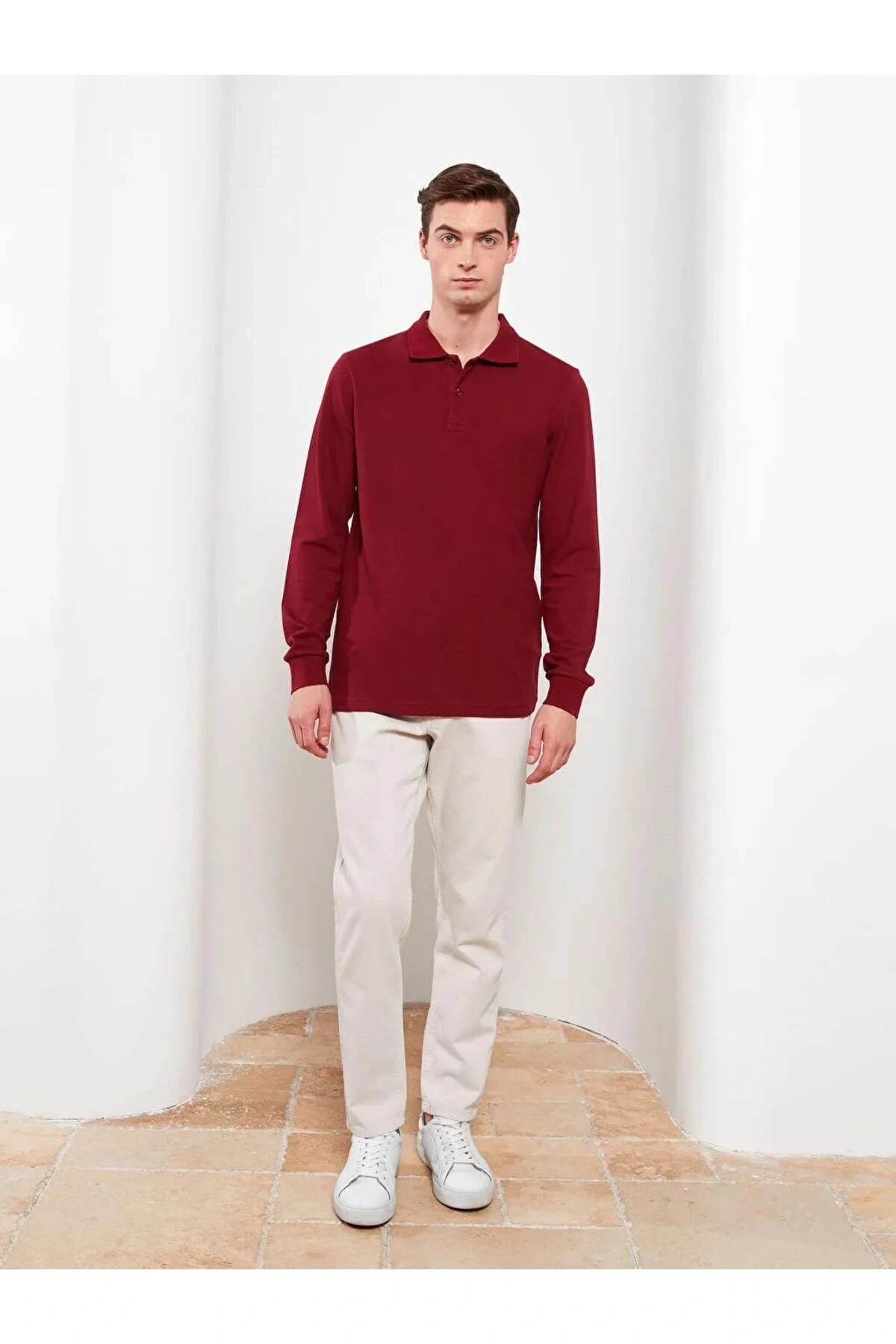 LCWAIKIKI Basic Bordo Polo Yaka Uzun Kollu Pike Erkek Tişört