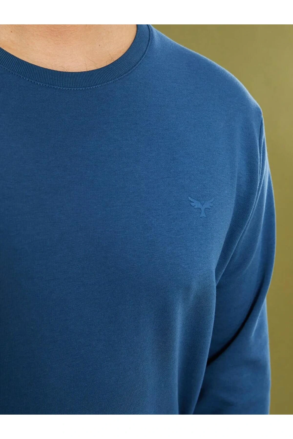 LCWAIKIKI Basic Indigo Büyük Beden Bisiklet Yaka Uzun Kollu Basic Erkek Sweatshirt