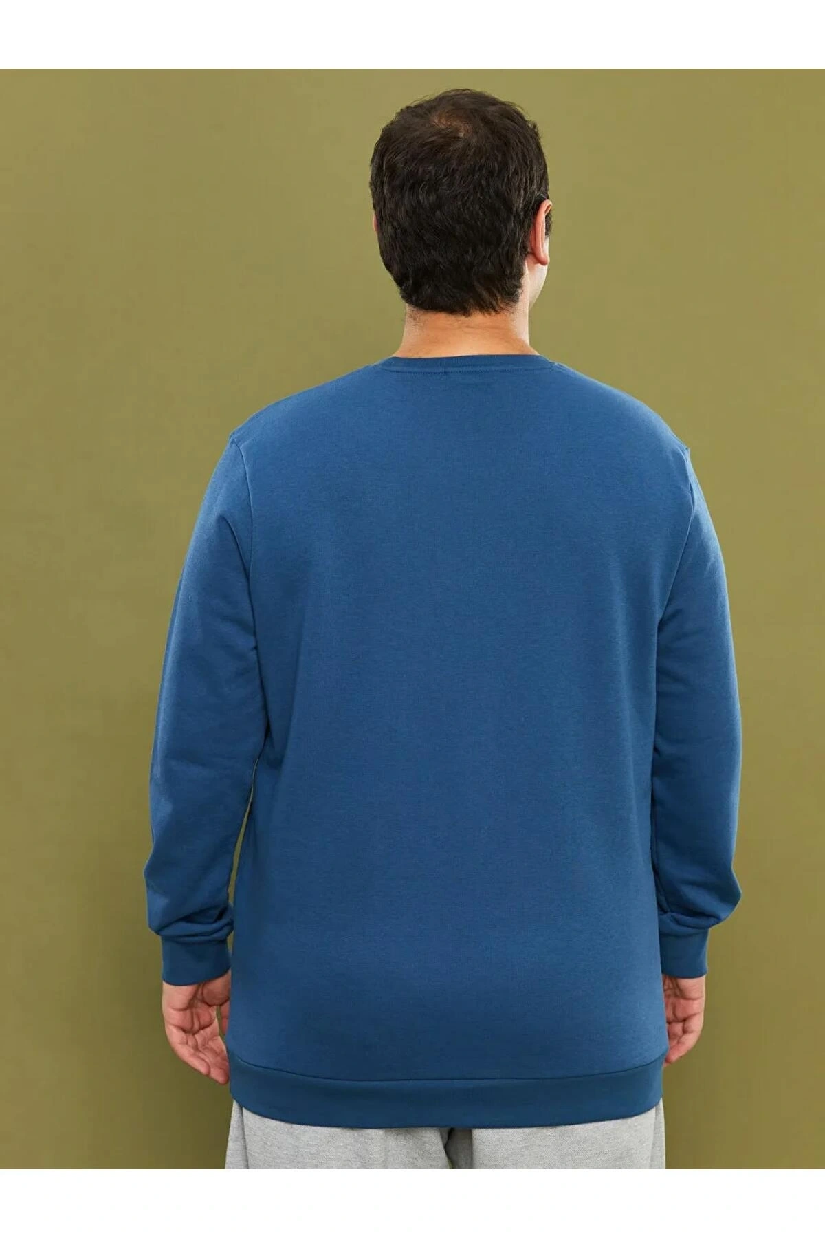 LCWAIKIKI Basic Indigo Büyük Beden Bisiklet Yaka Uzun Kollu Basic Erkek Sweatshirt