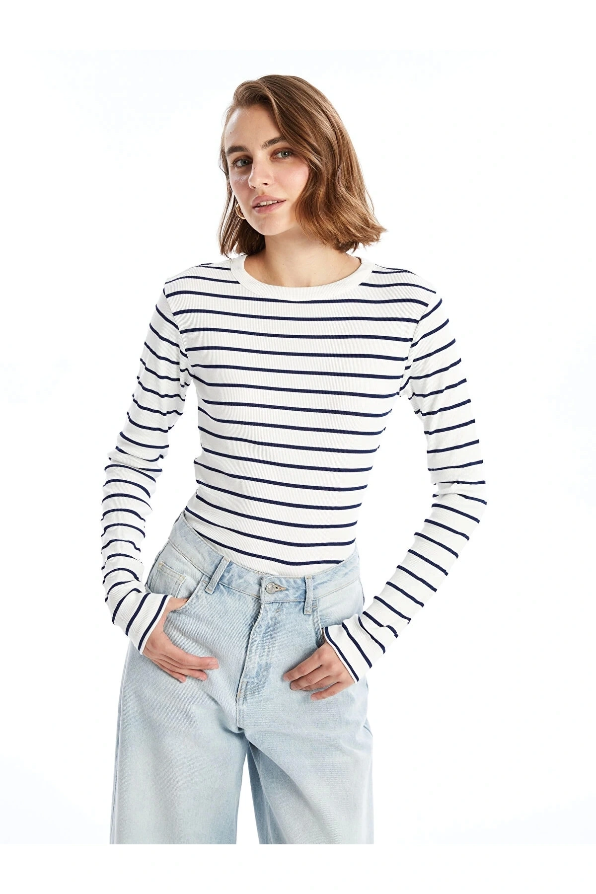 LCWAIKIKI Basic Lacivert Bisiklet Yaka Çizgili Kadın Body