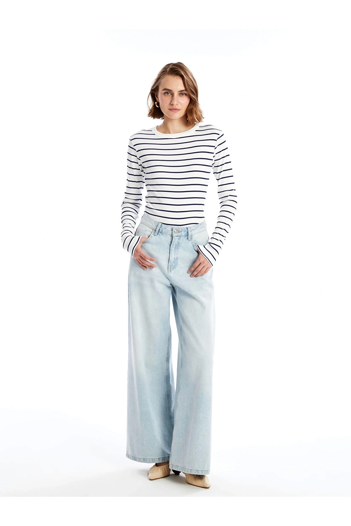 LCWAIKIKI Basic Lacivert Bisiklet Yaka Çizgili Kadın Body