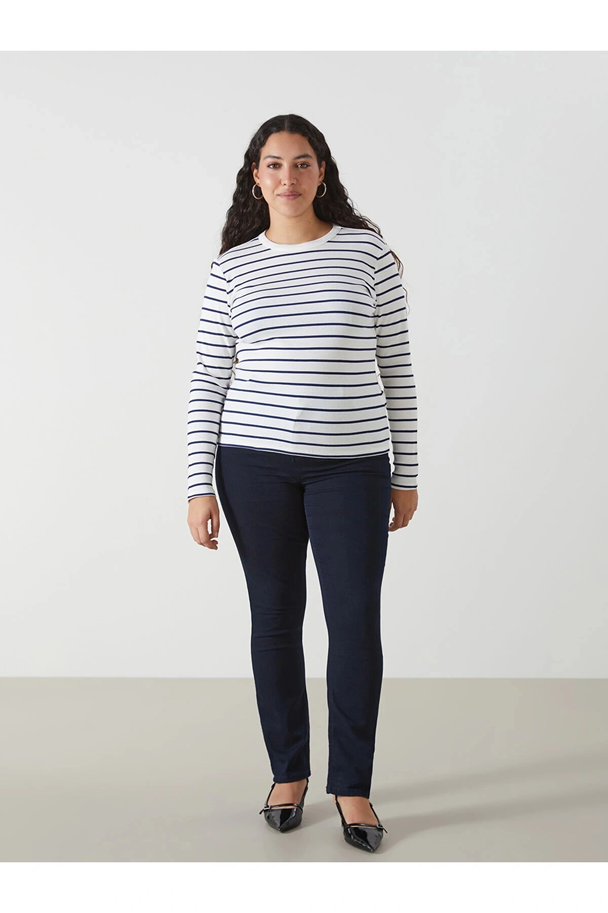 LCWAIKIKI Basic Lacivert Bisiklet Yaka Çizgili Kadın Body