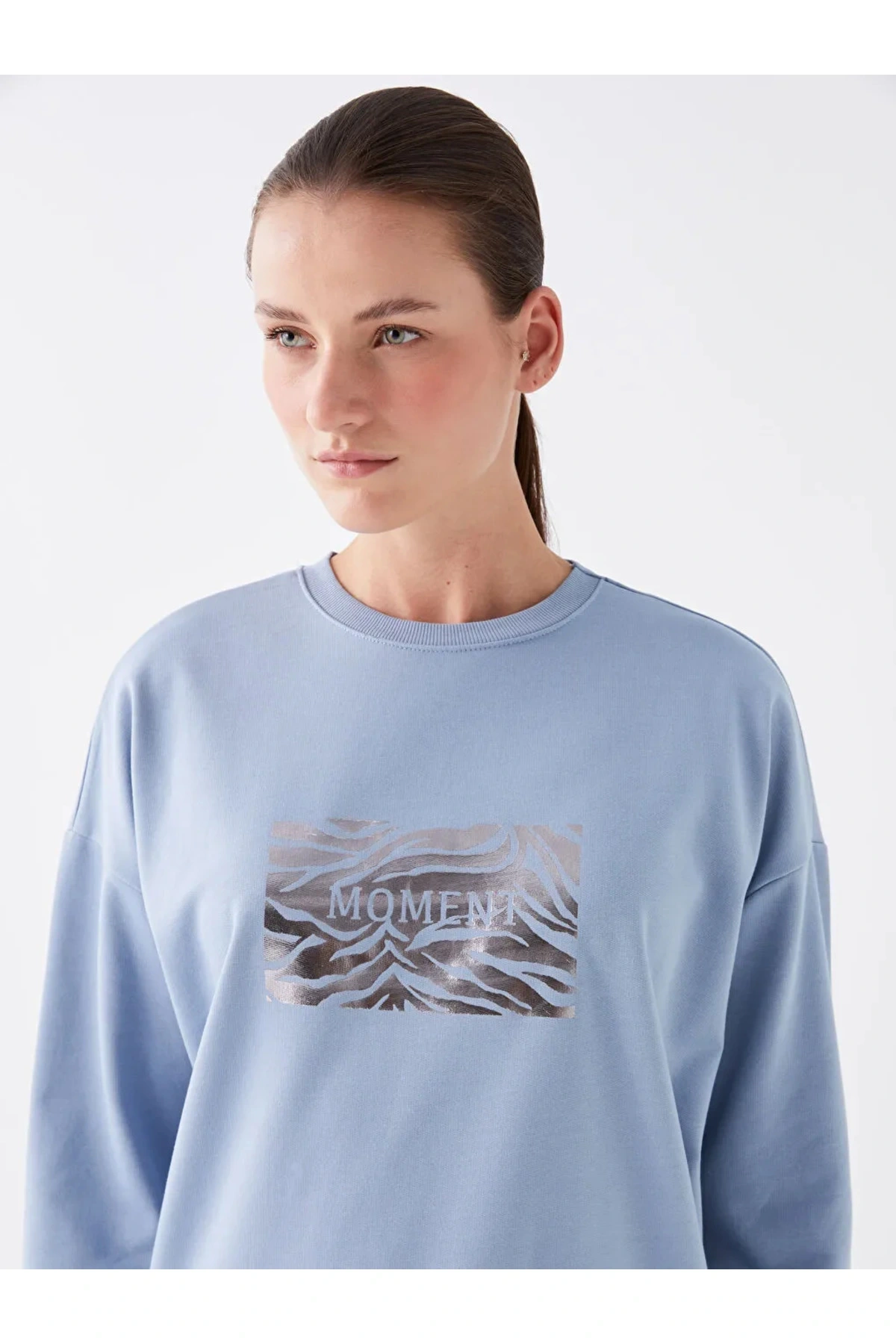 LCWAIKIKI Basic Mat Mavi Bisiklet Yaka Baskılı Uzun Kollu Oversize Kadın Sweatshirt Tunik