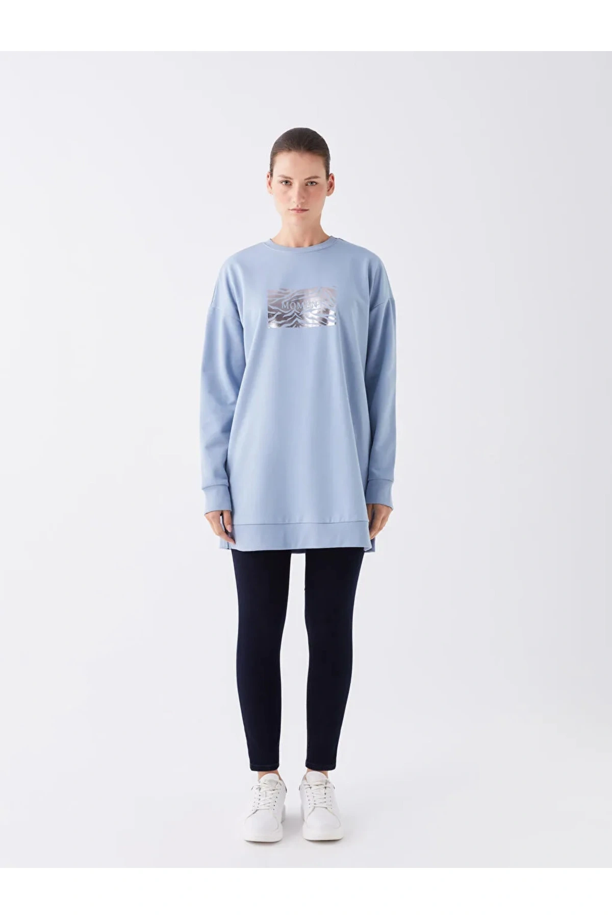 LCWAIKIKI Basic Mat Mavi Bisiklet Yaka Baskılı Uzun Kollu Oversize Kadın Sweatshirt Tunik