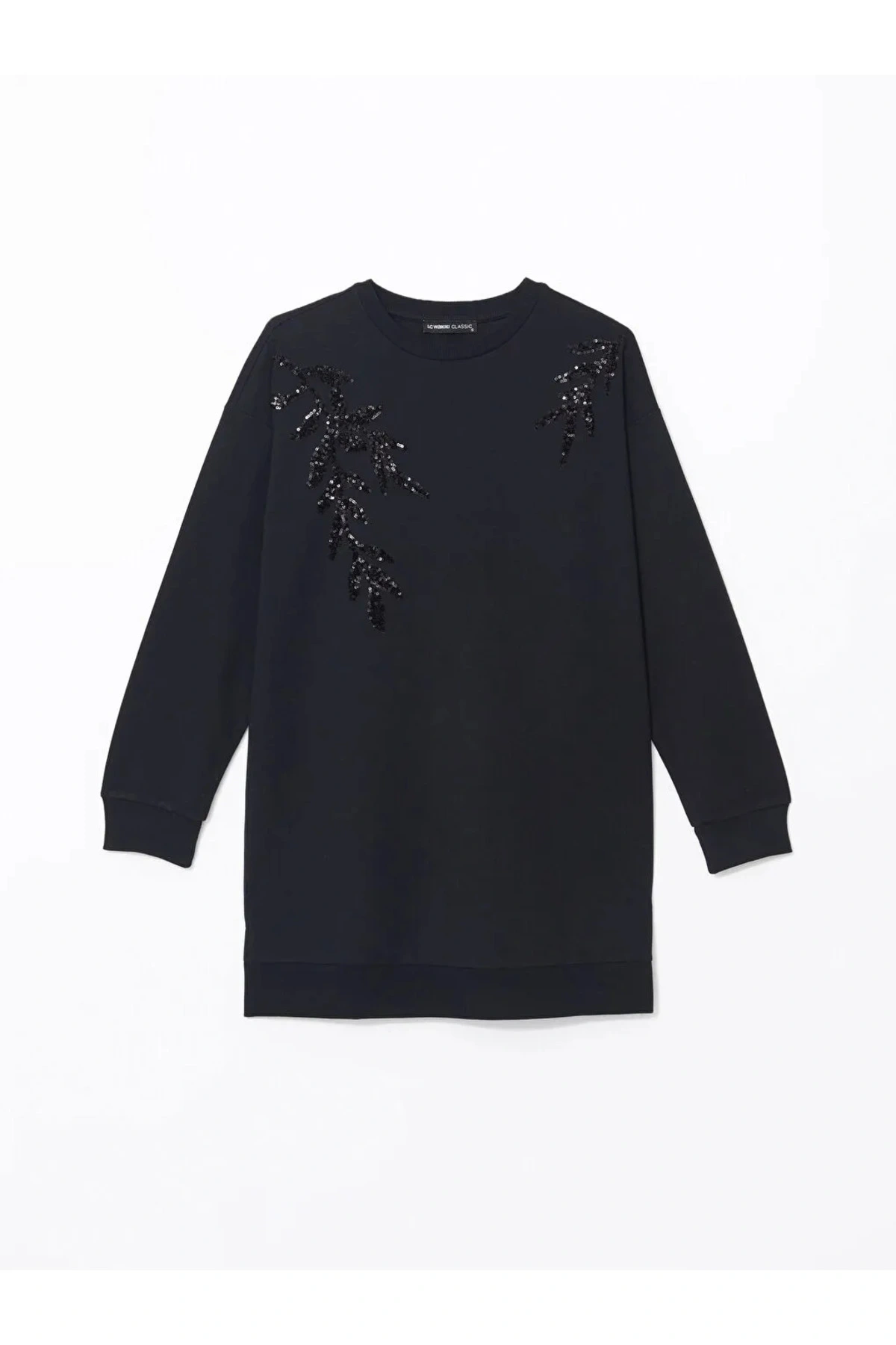 LCWAIKIKI Basic Siyah Bisiklet Yaka Pul İşlemeli Oversize Kadın Sweatshirt Tunik