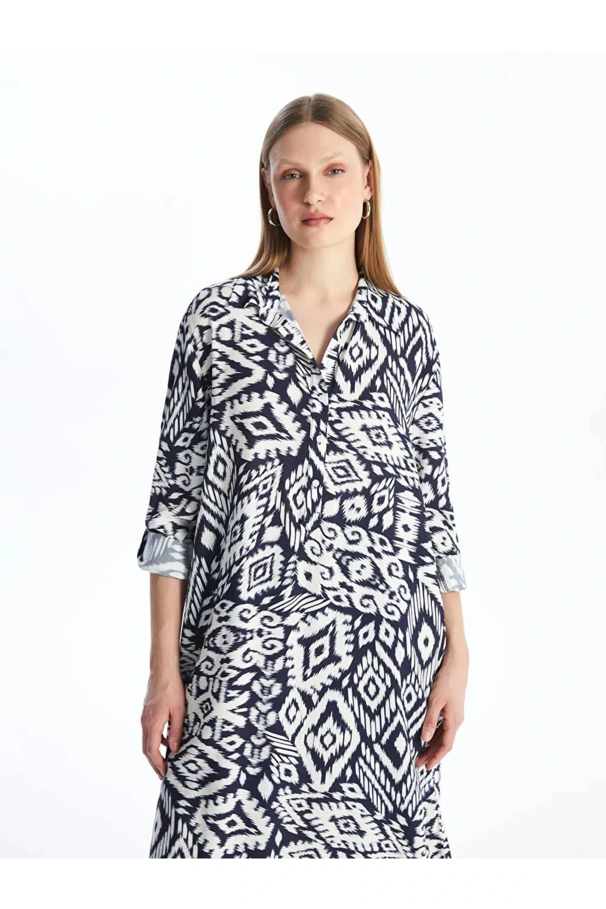 LCWAIKIKI Classic Lacivert Desenli Oversize Kadın Gömlek Tunik