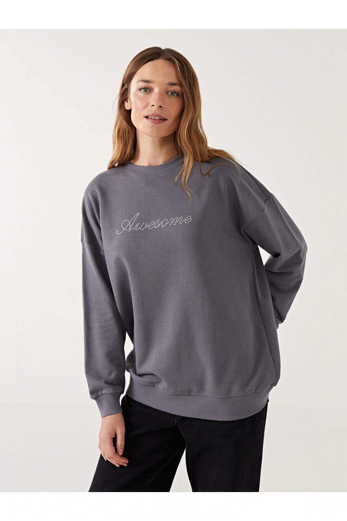 LCWK Bisiklet Yaka Taş Baskılı Oversize Kadın Sweatshirt Tunik