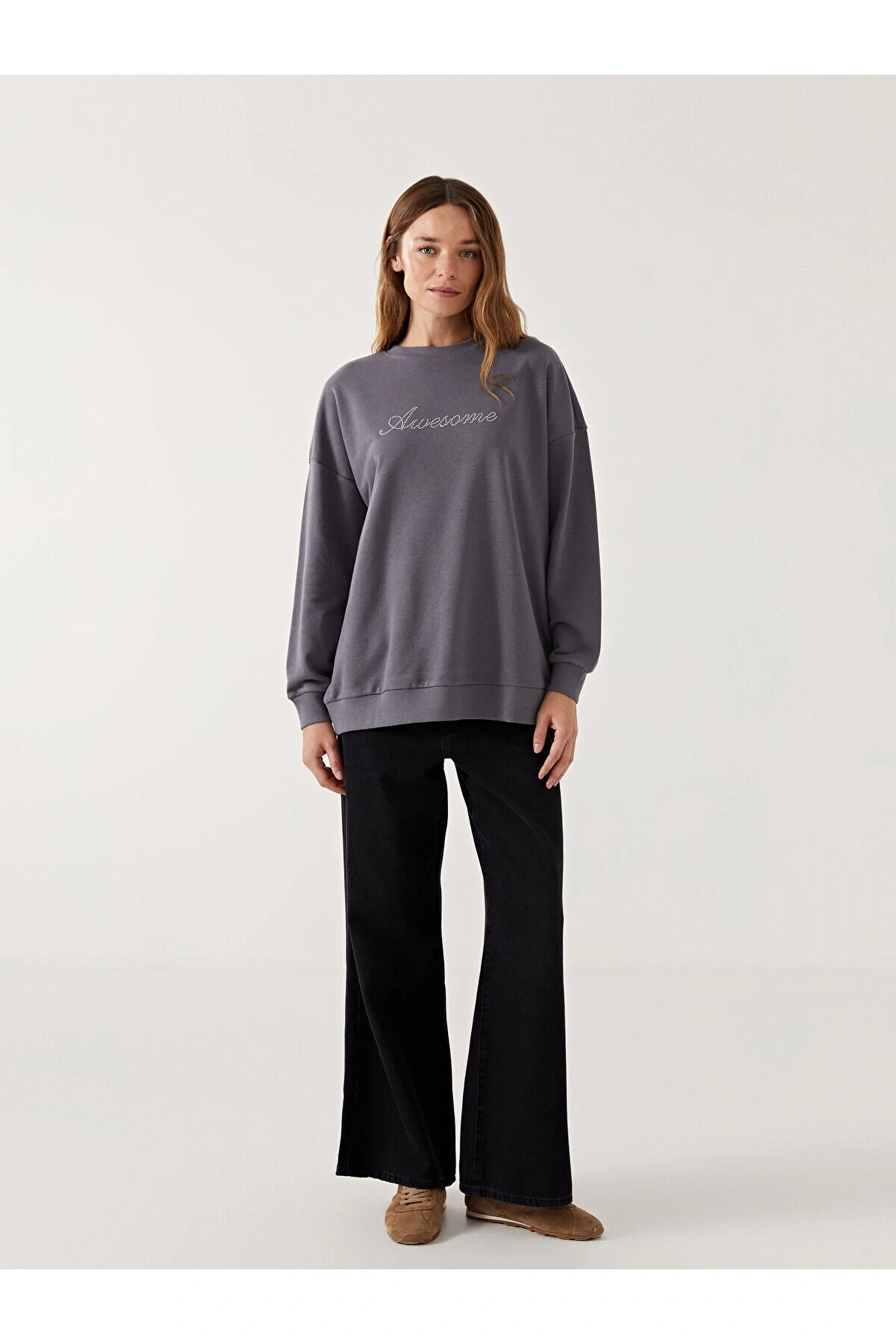 LCWK Bisiklet Yaka Taş Baskılı Oversize Kadın Sweatshirt Tunik