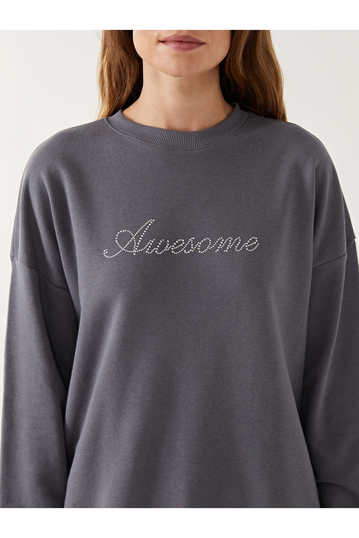 LCWK Bisiklet Yaka Taş Baskılı Oversize Kadın Sweatshirt Tunik