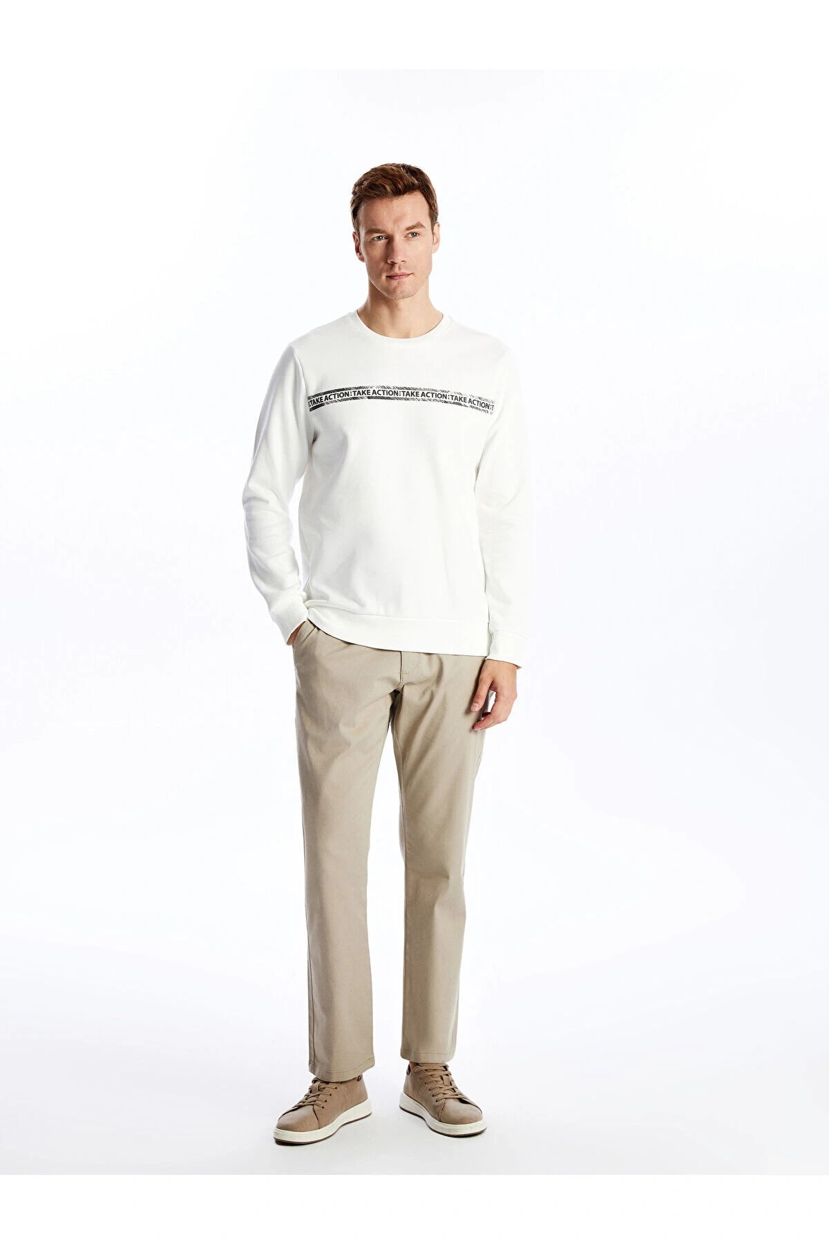 Lcwk Bisiklet Yaka Uzun Kollu Baskılı Erkek Kalın Sweatshirt