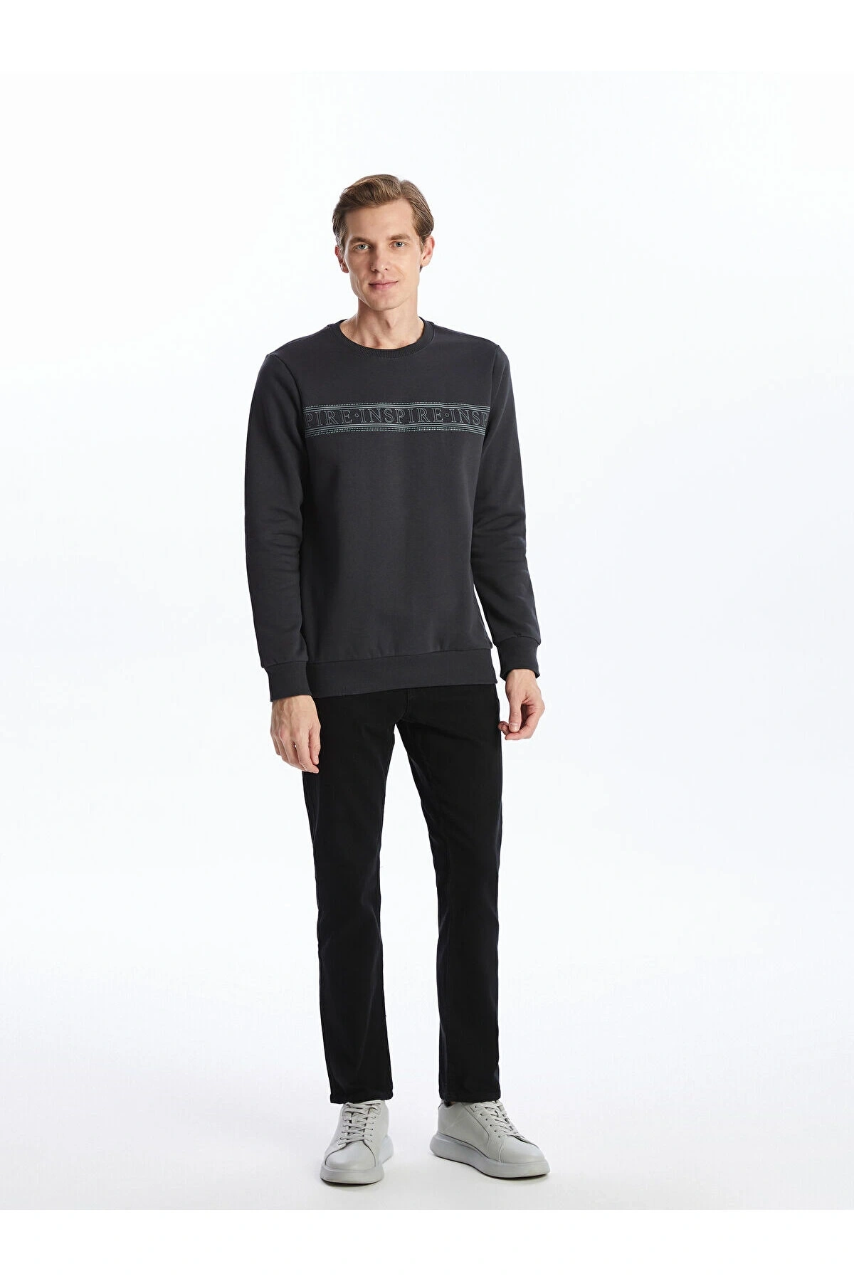 Lcwk Bisiklet Yaka Uzun Kollu Baskılı Erkek Kalın Sweatshirt