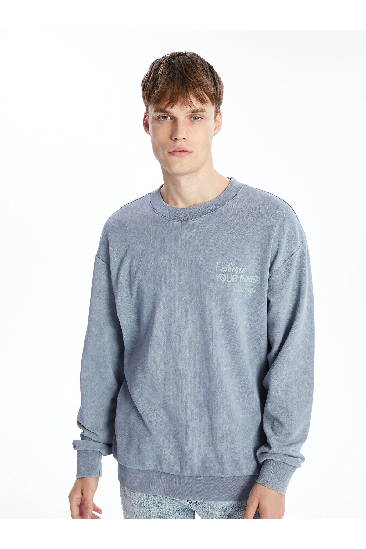 Lcwk Bisiklet Yaka Uzun Kollu Baskılı Erkek Sweatshirt