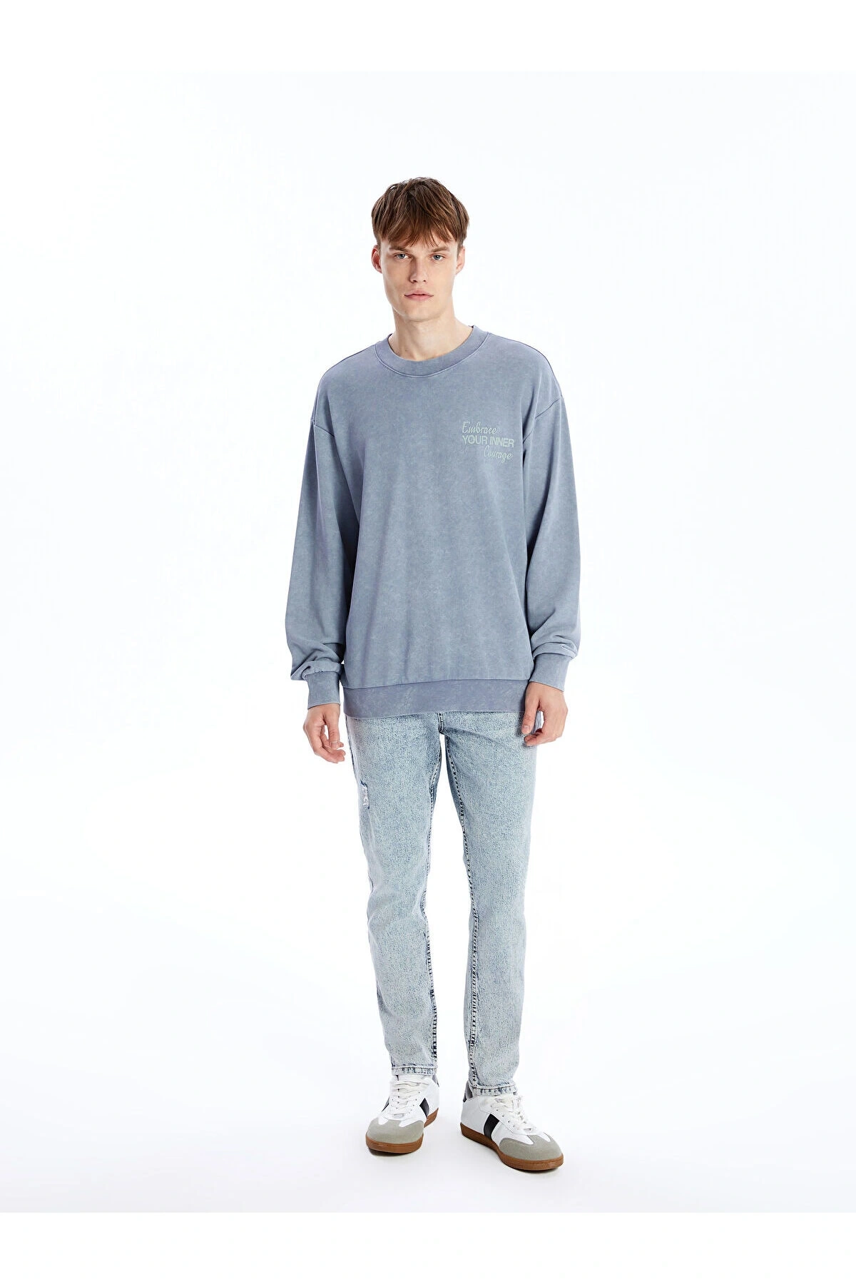 Lcwk Bisiklet Yaka Uzun Kollu Baskılı Erkek Sweatshirt